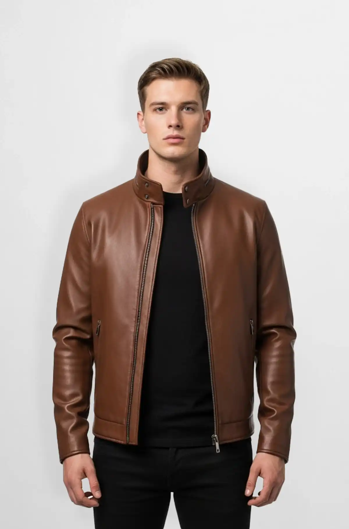 Brown Leather Zip Up Jacket