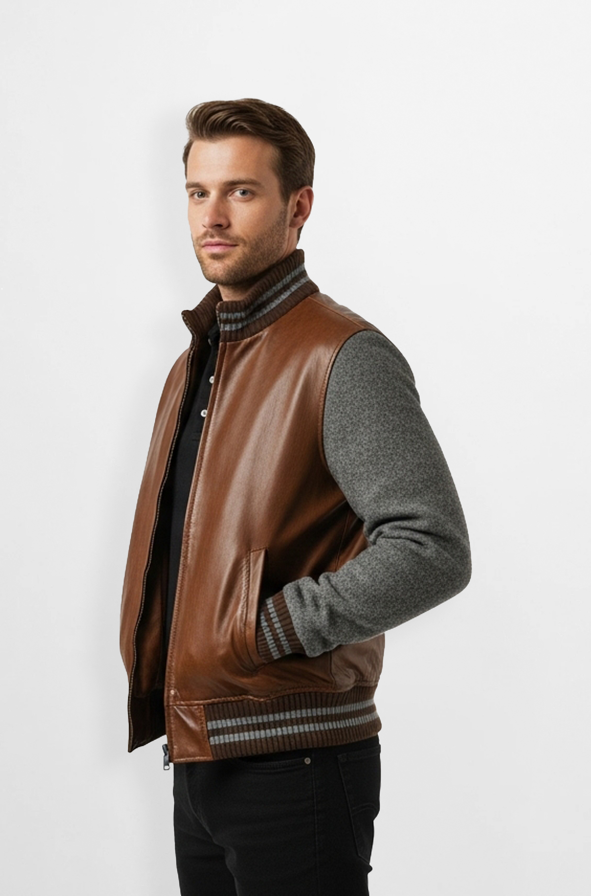 Brown Leather and Wool Bomber Jacket Brown Leather and Wool Bomber Jacket