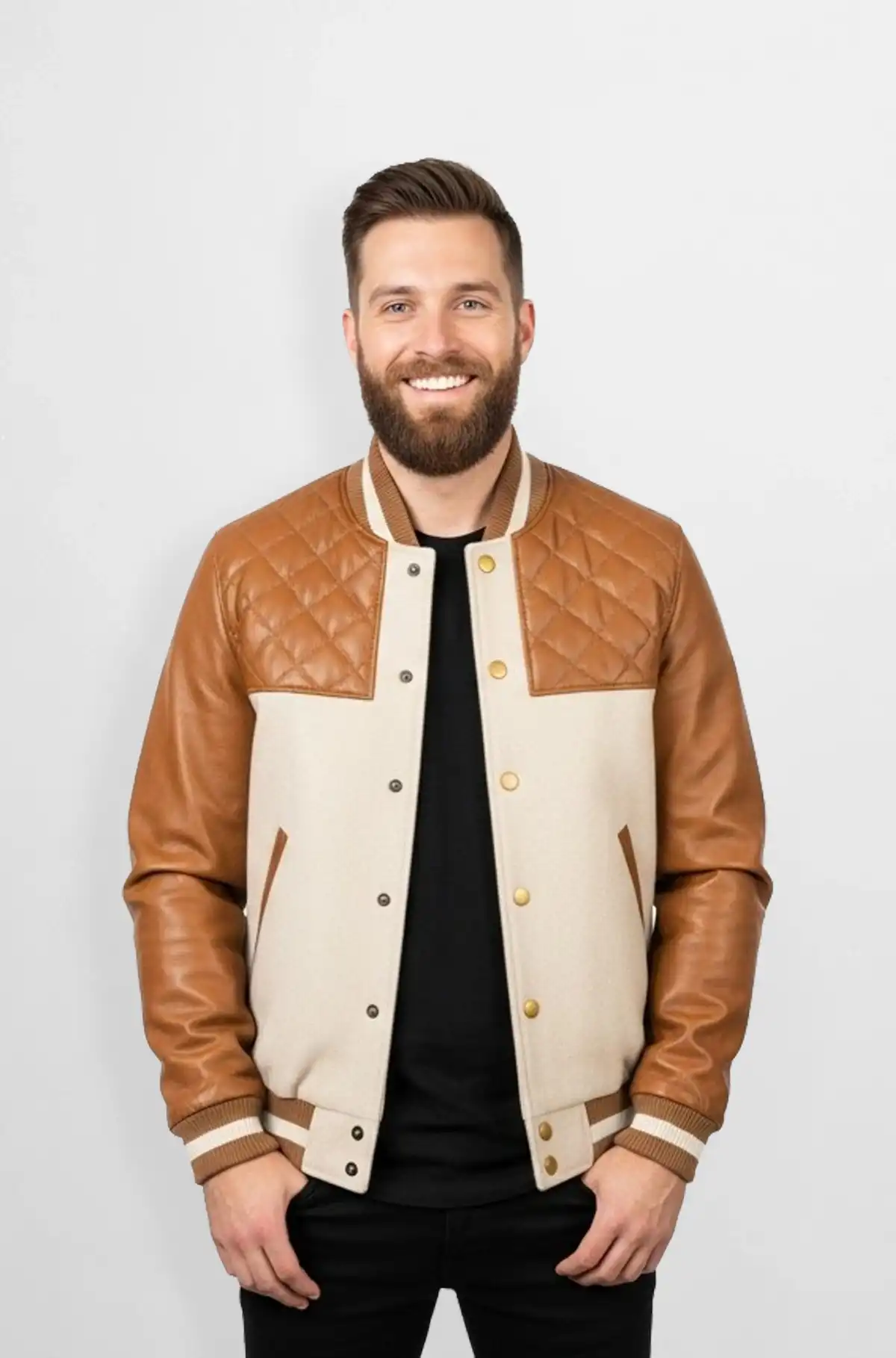 Brown Quilted Suede Leather Varsity Jacket
