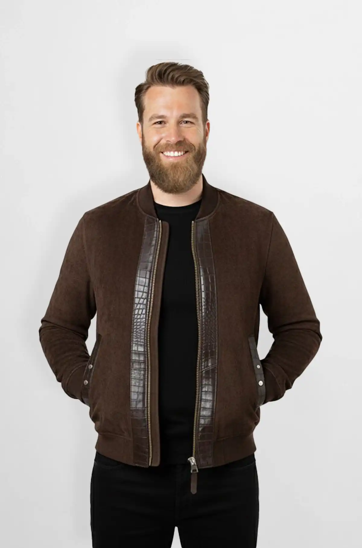 Brown Suede Crocodile Trim Bomber Jacket