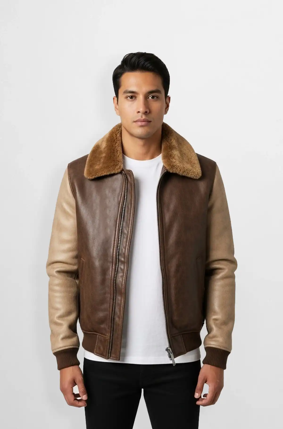 Brown and Beige Shearling Leather Bomber Jacket
