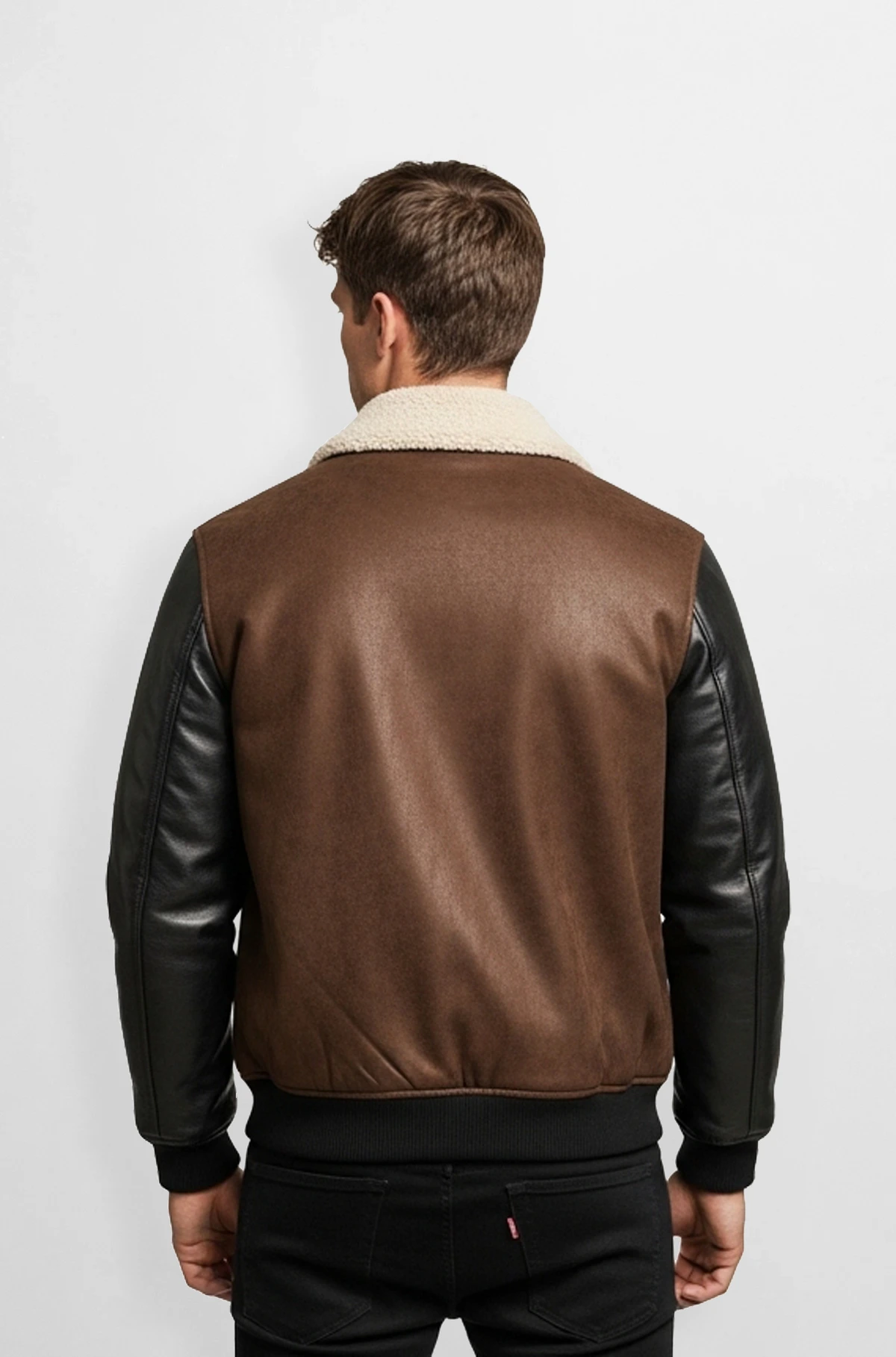 Brown and Black Leather Bomber Jacket with Shearling Collar