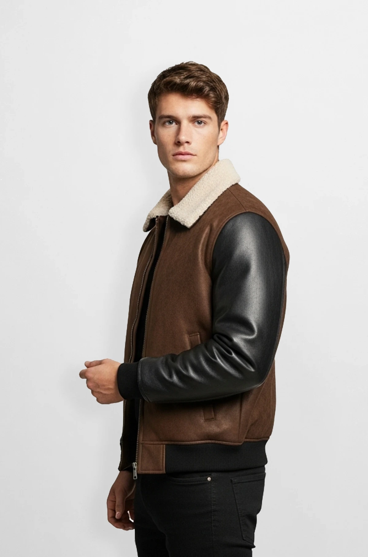 Brown and Black Leather Bomber Jacket with Shearling Collar