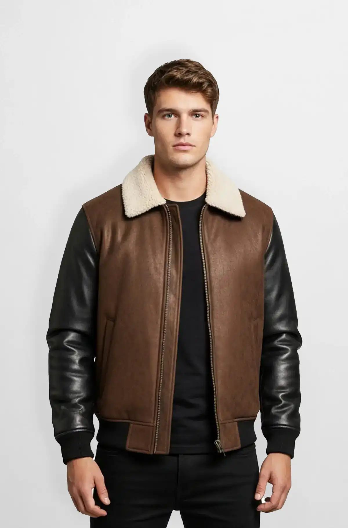 Brown and Black Leather Bomber Jacket with Shearling Collar