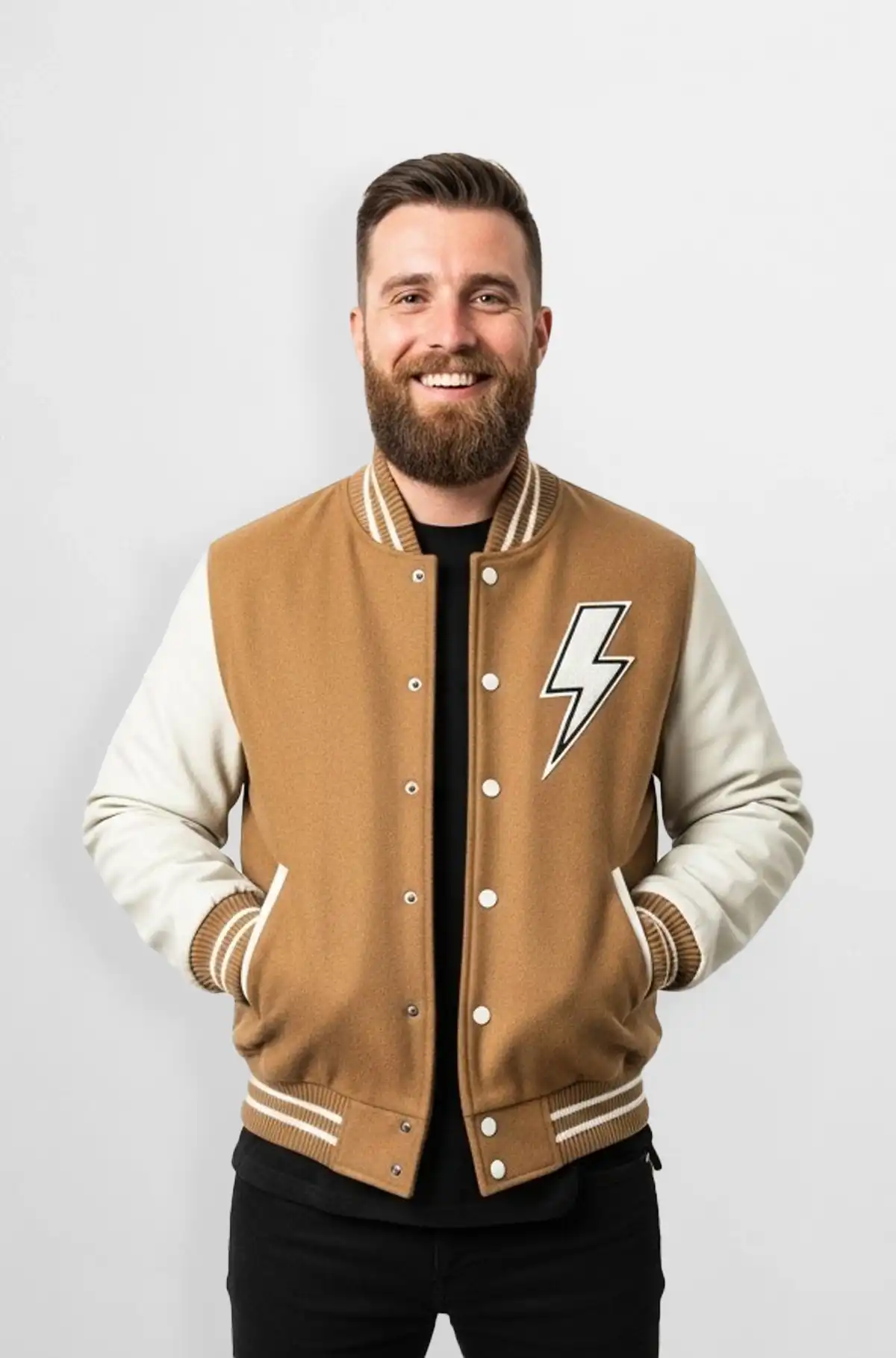 Brown and White with Tan base Varsity Bomber Jacket