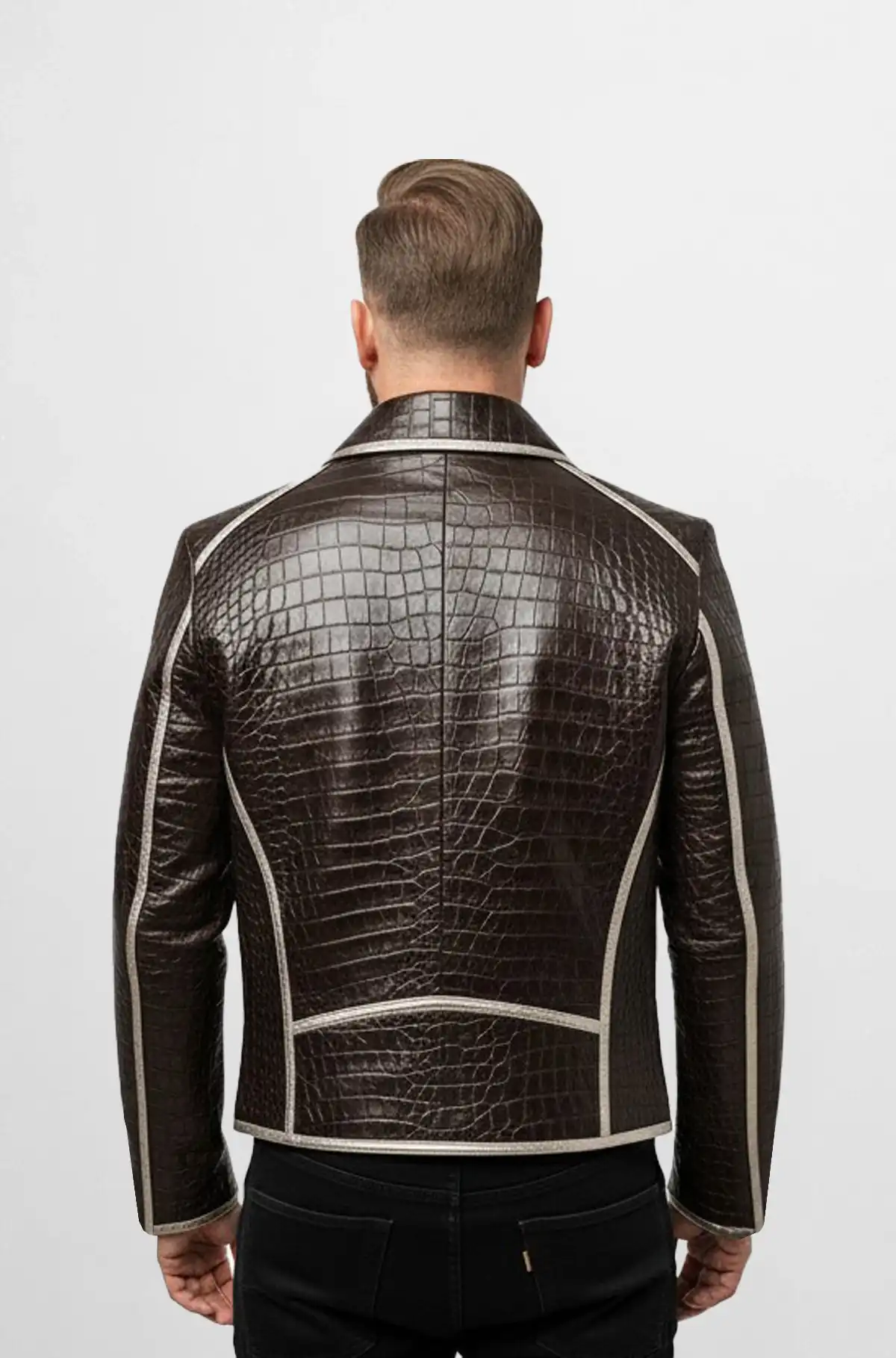 Brown with White Accents Leather Biker Jacket