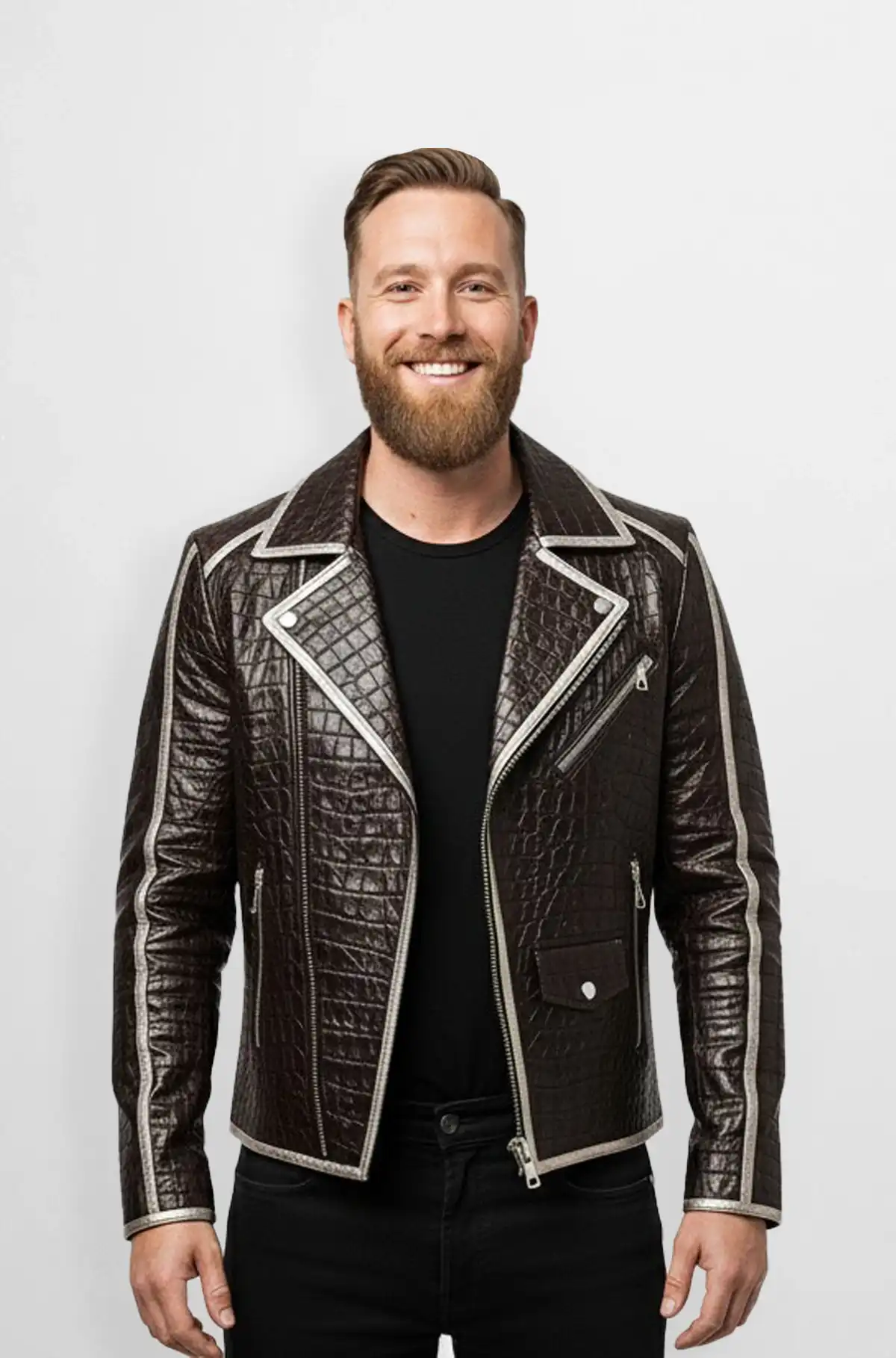 Brown with White Accents Leather Biker Jacket