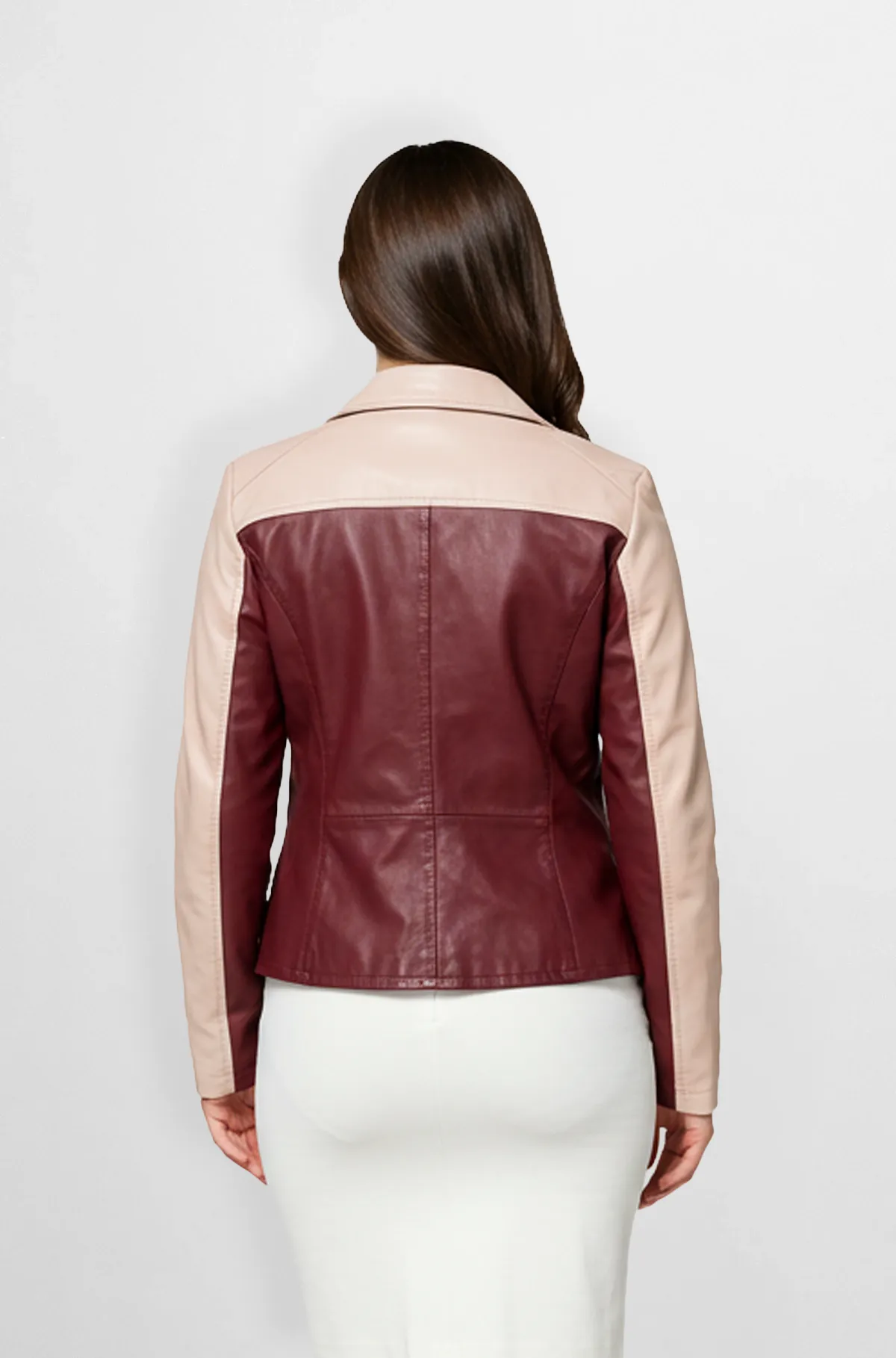 Burgundy And Blush Pink Two Tone Leather Moto Jacket
