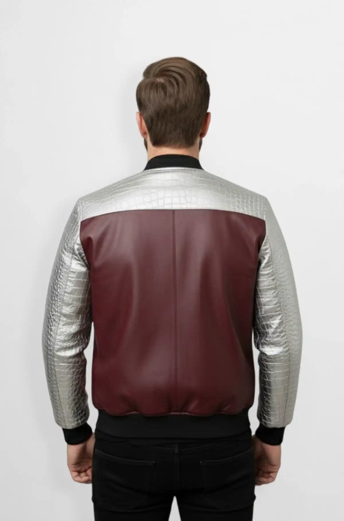 Burgundy & Grey Crocodile Leather Bomber Jacket