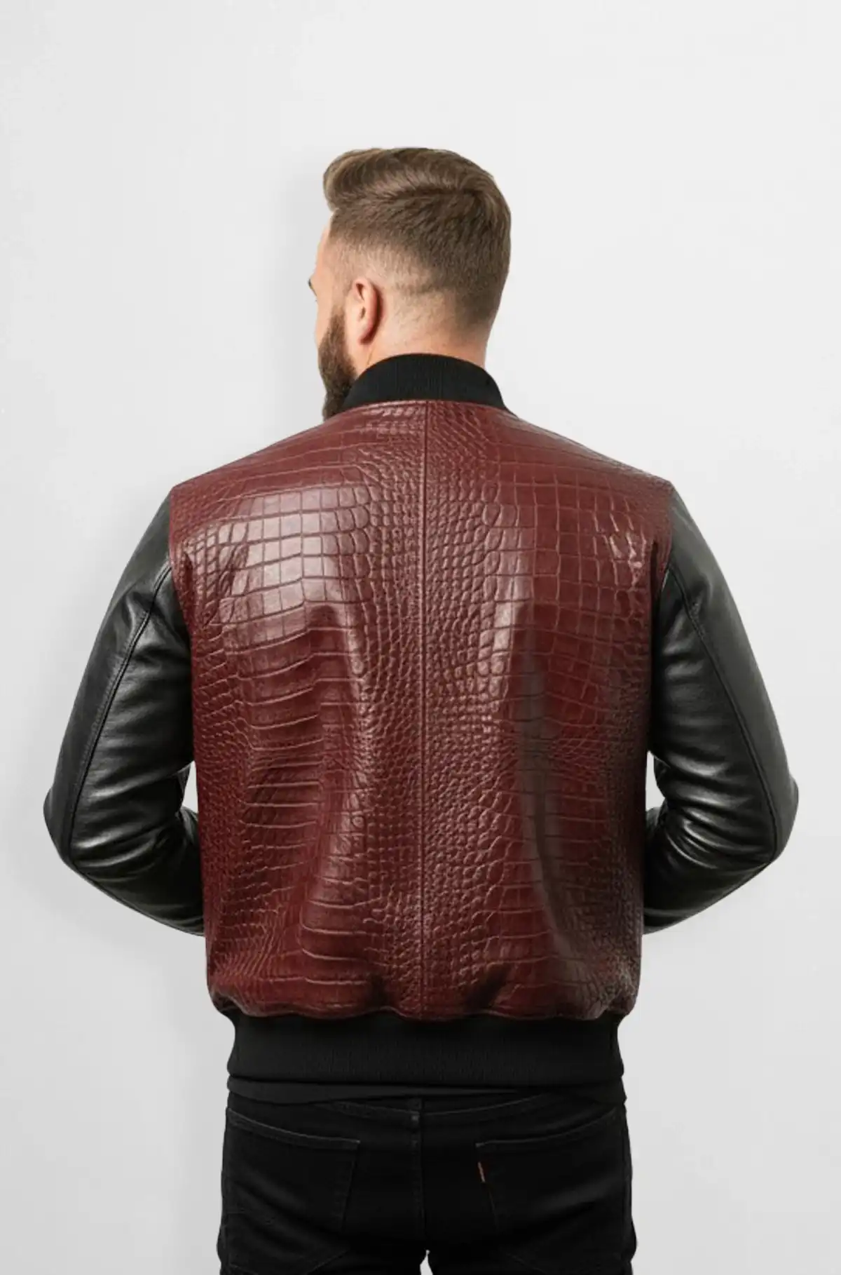 Burgundy Croc Embossed Leather Bomber Jacket