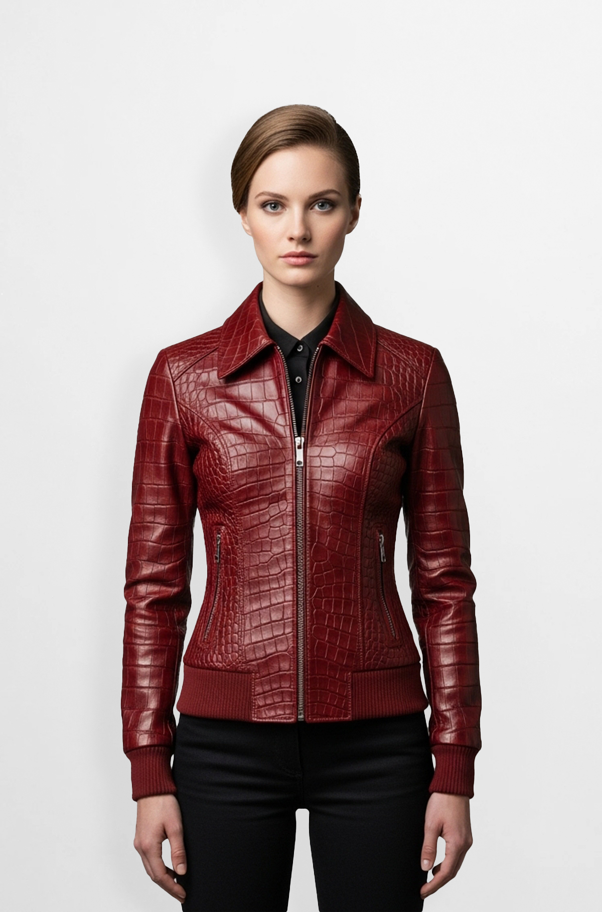 Burgundy crocodile embossed leather bomber jacket