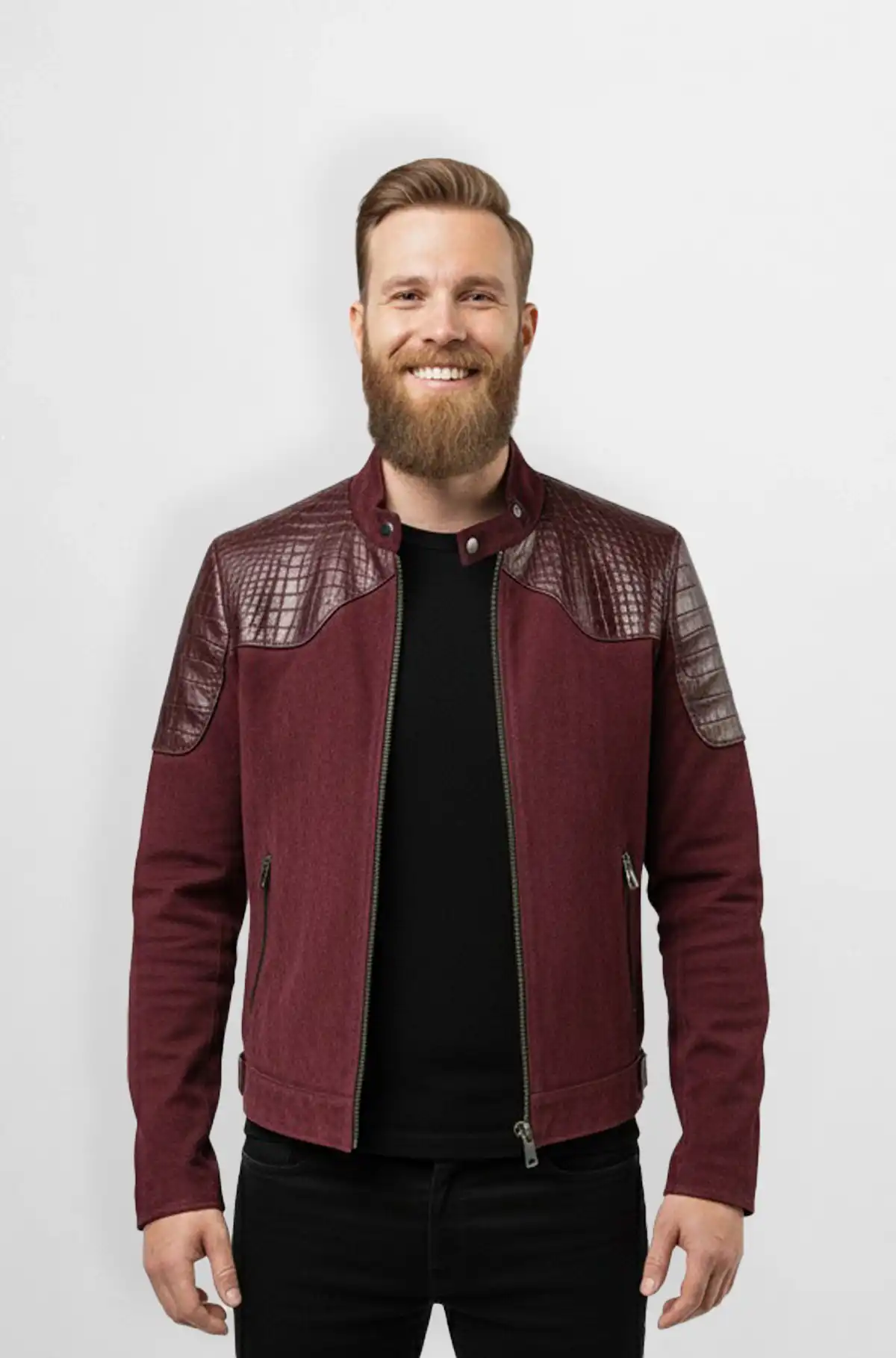Burgundy Crocodile Wool Leather Bomber Jacket