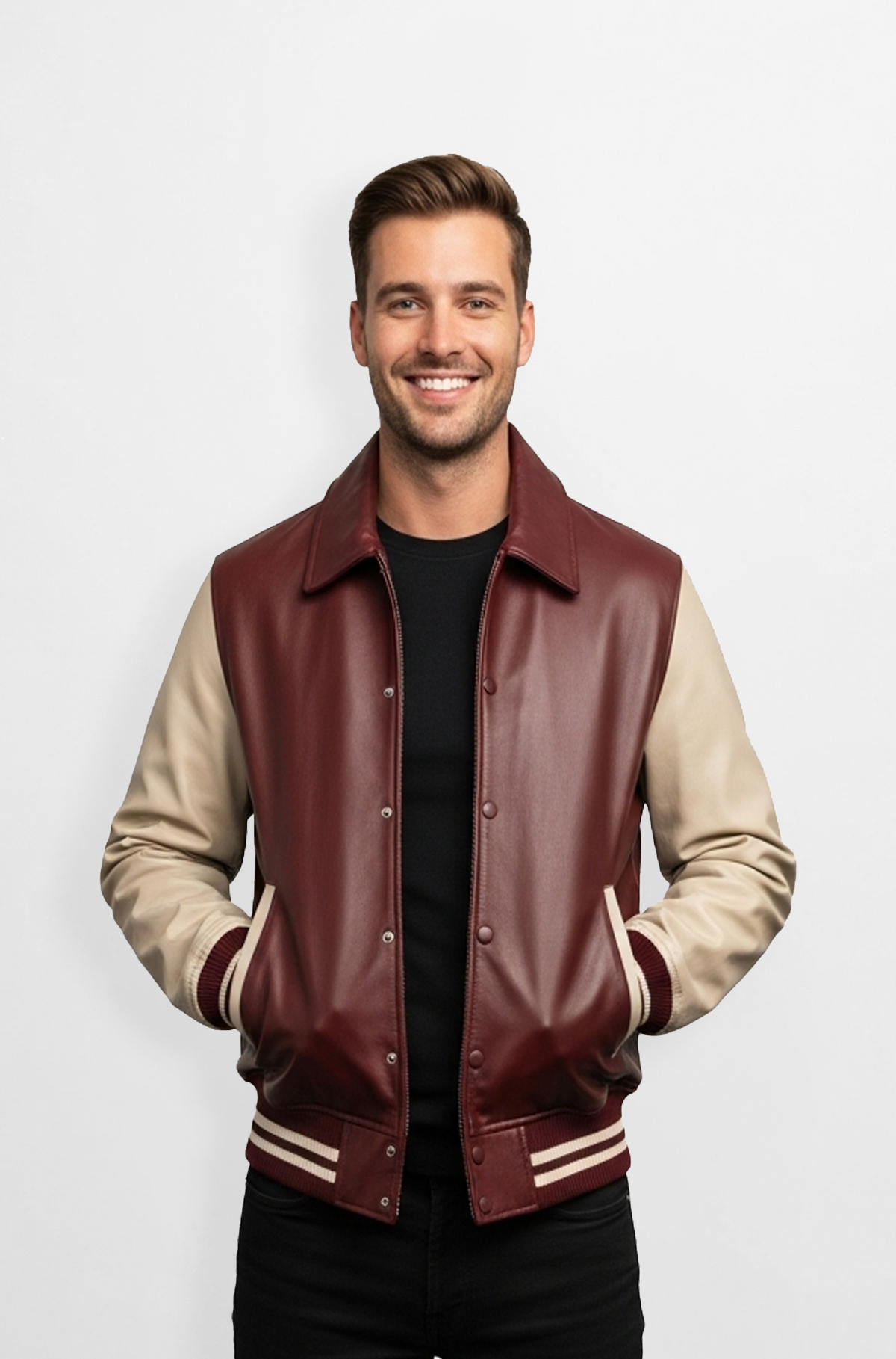 Burgundy and Cream Leather Varsity Jacket