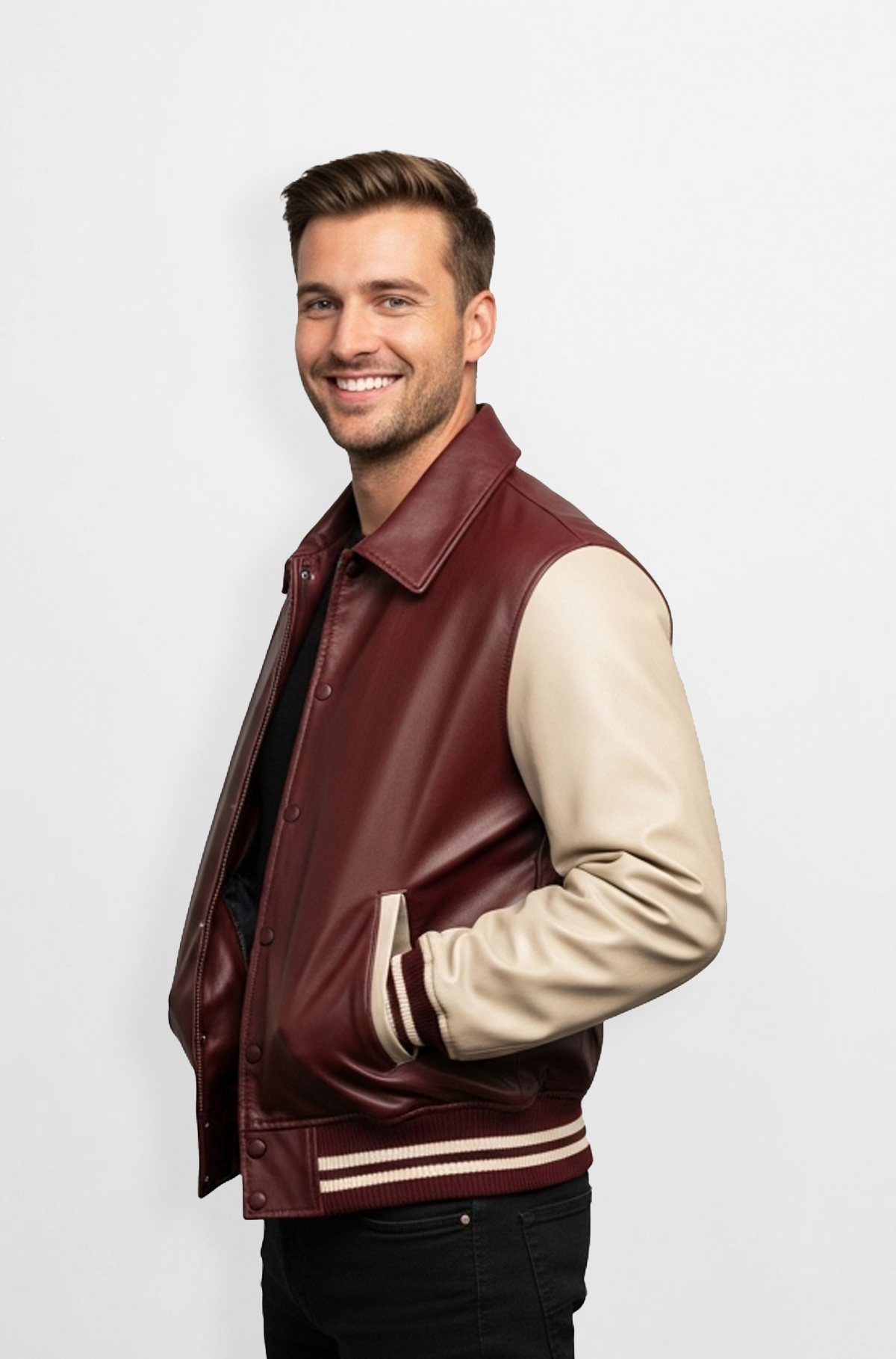 Burgundy and Cream Leather Varsity Jacket