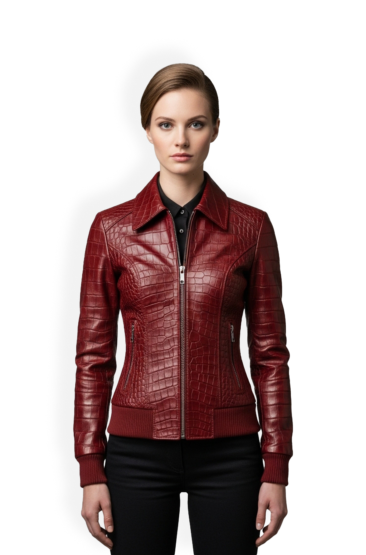 Burgundy Crocodile-Embossed Leather Bomber Jacket For Women