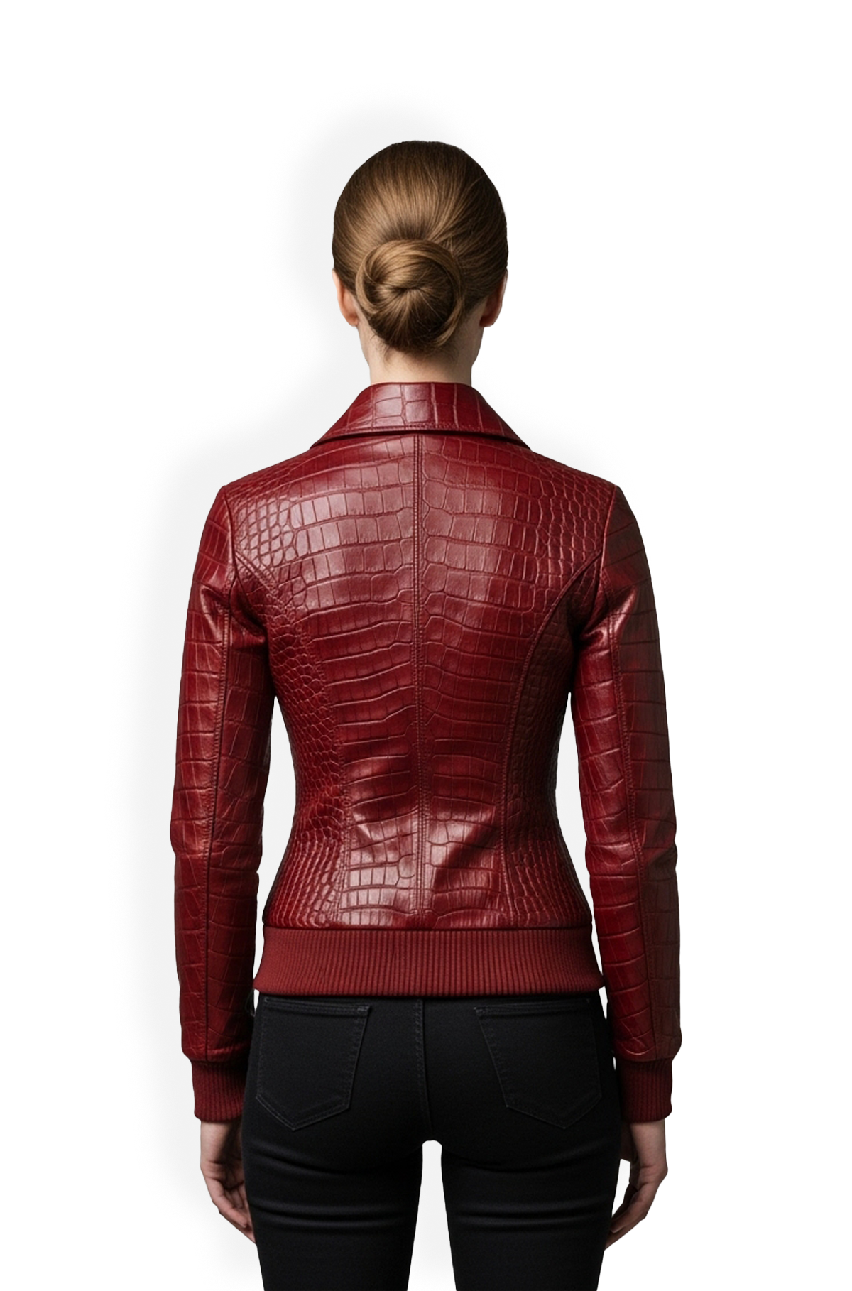 Burgundy Crocodile-Embossed Leather Bomber Jacket For Women