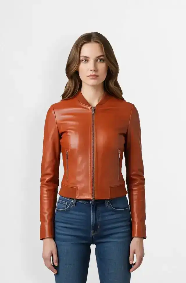Burnt Sienna Womens Leather Bomber Jacket