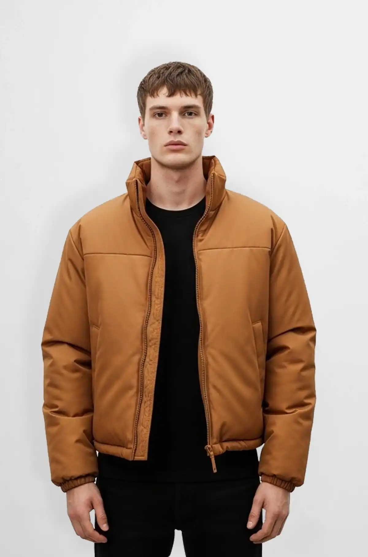 Camel Brown Leather Puffer Jacket