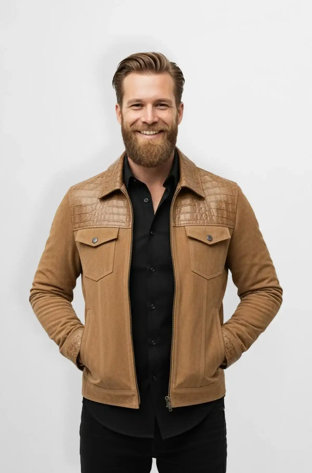 Camel Tan Crocodile Suede Trucker Jacket