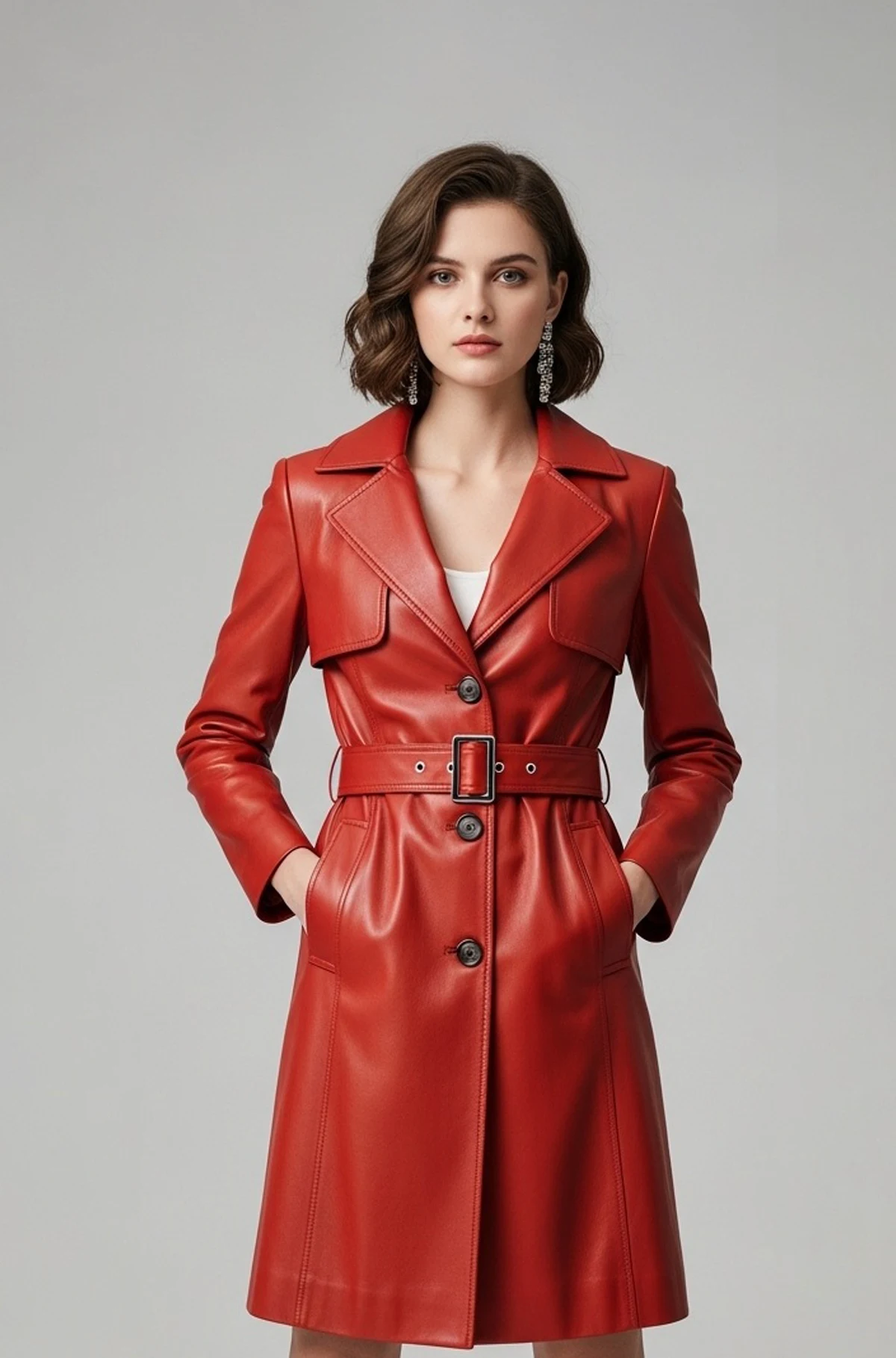 Caramel Reddish Leather Belted Coat for Women