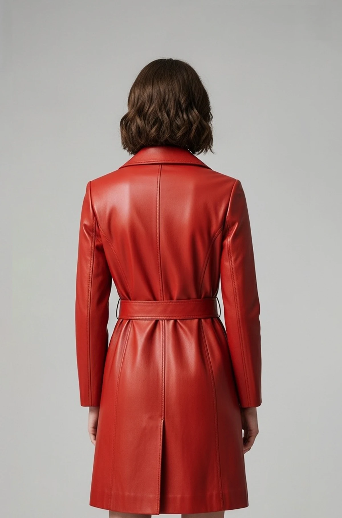 Caramel Reddish Leather Belted Coat for Women