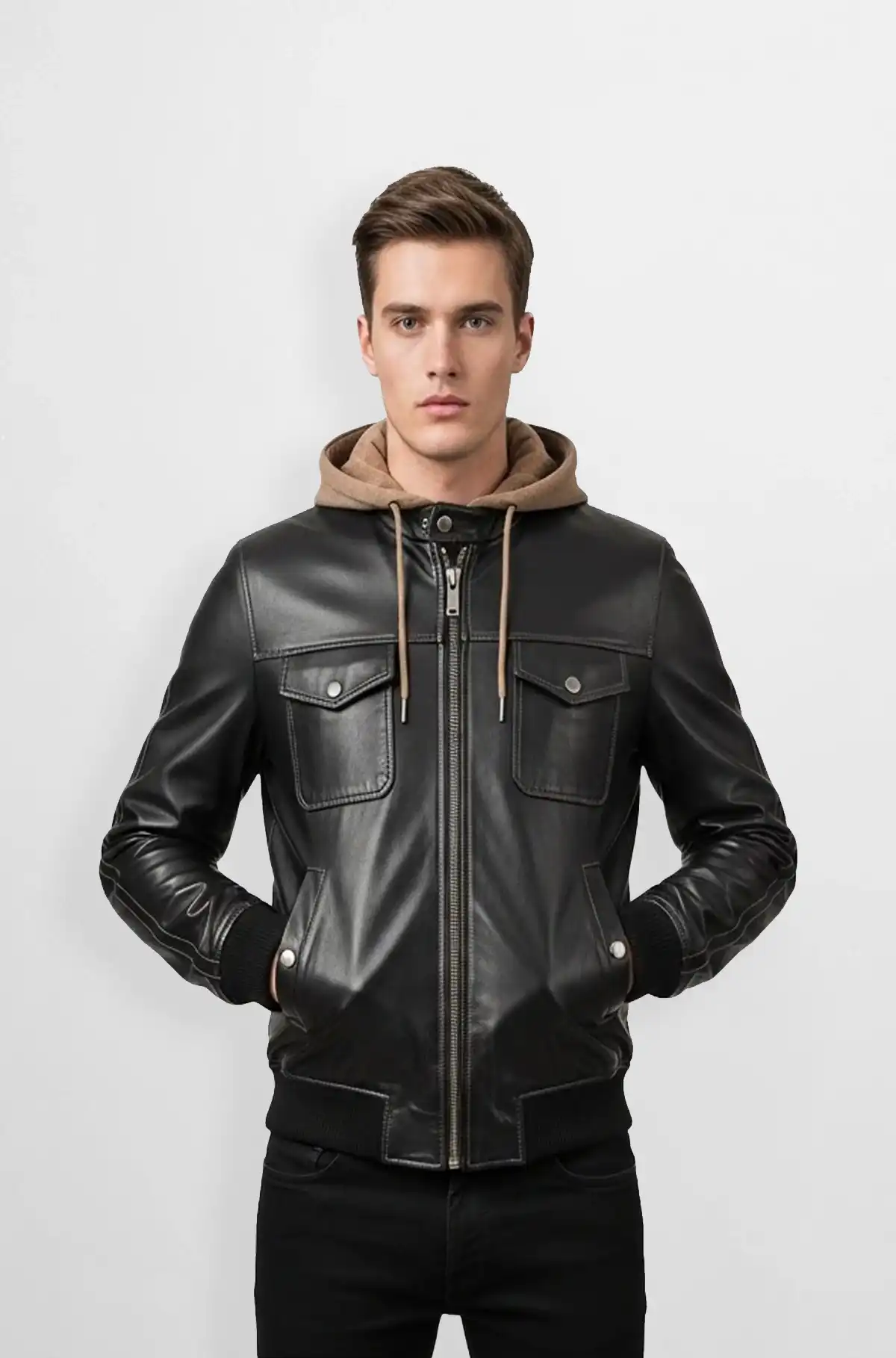 Charcoal Black Bomber Leather Jacket with Hoodie