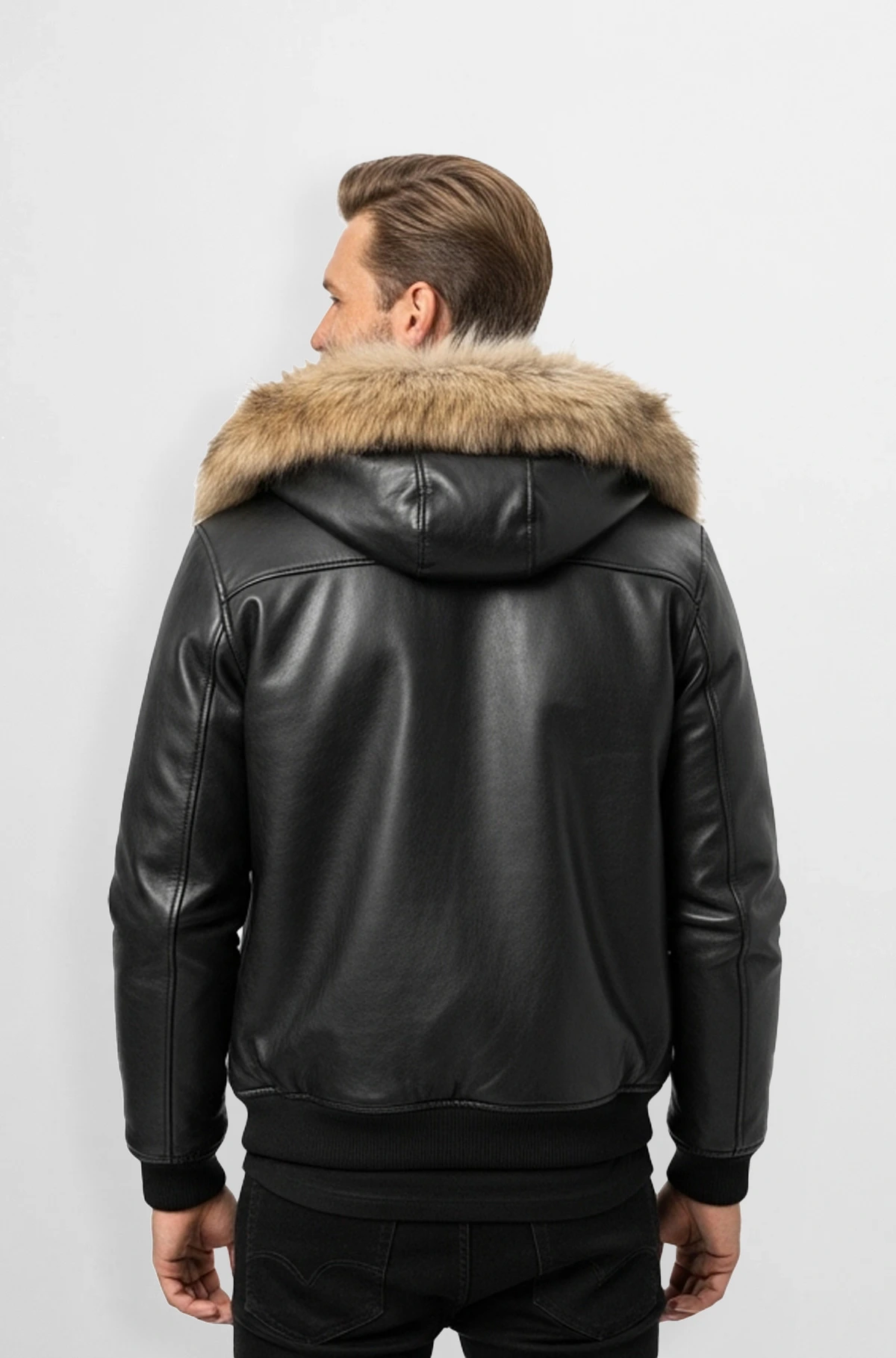 Charcoal Black Fur Hood Leather Jacket