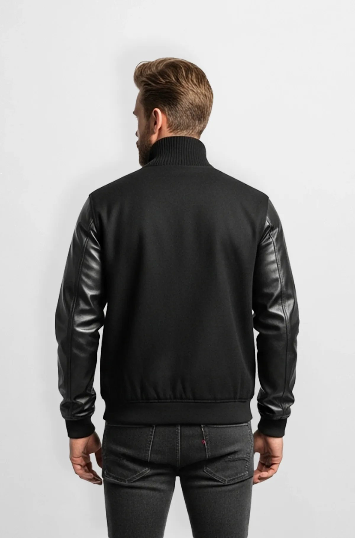 Charcoal Black Wool Leather Varsity Jacket