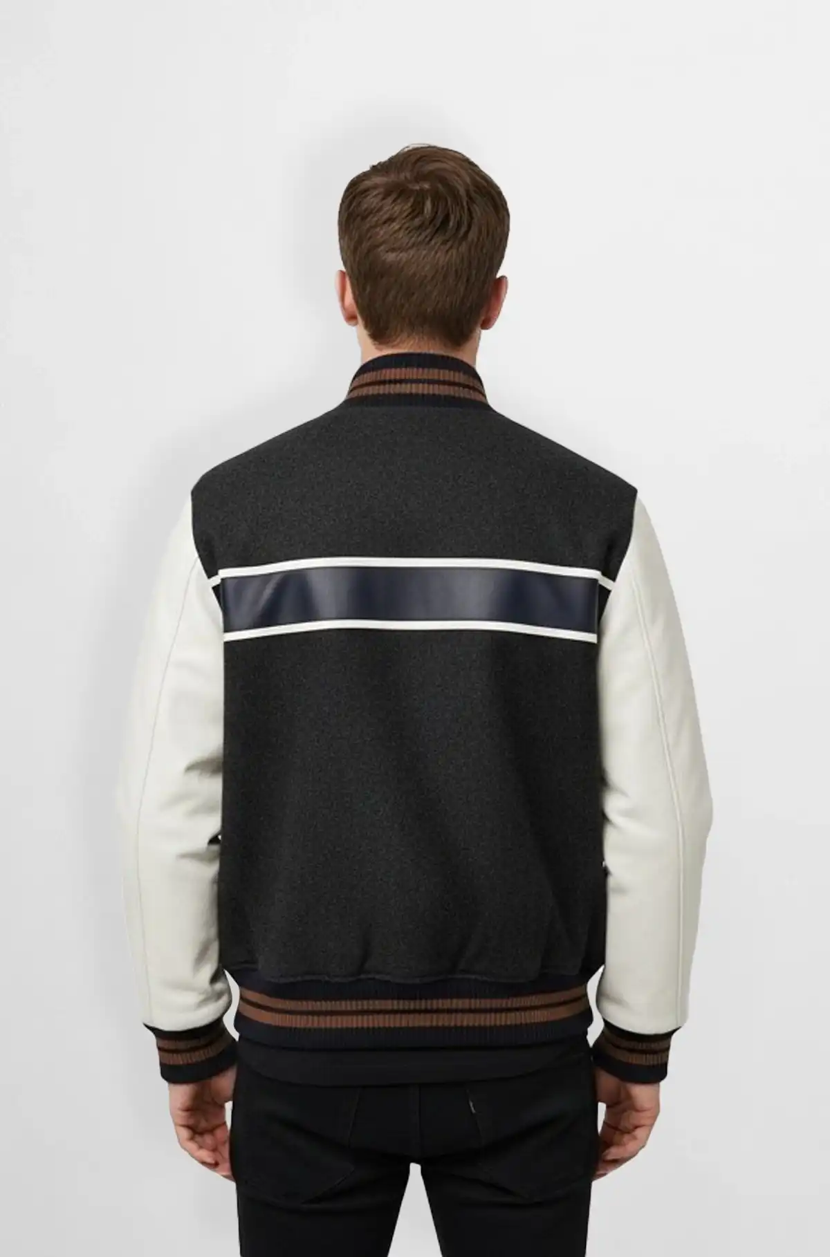 Charcoal Black with White And Navy Blue Stripe Varsity Jacket