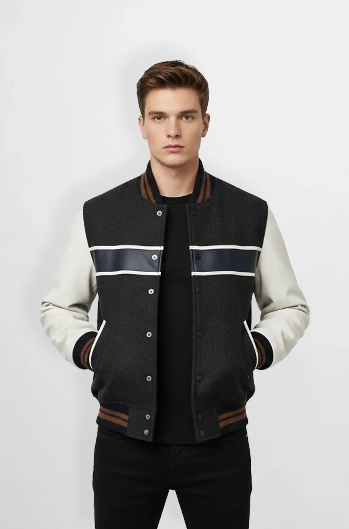 Charcoal Black with White And Navy Blue Stripe Varsity Jacket