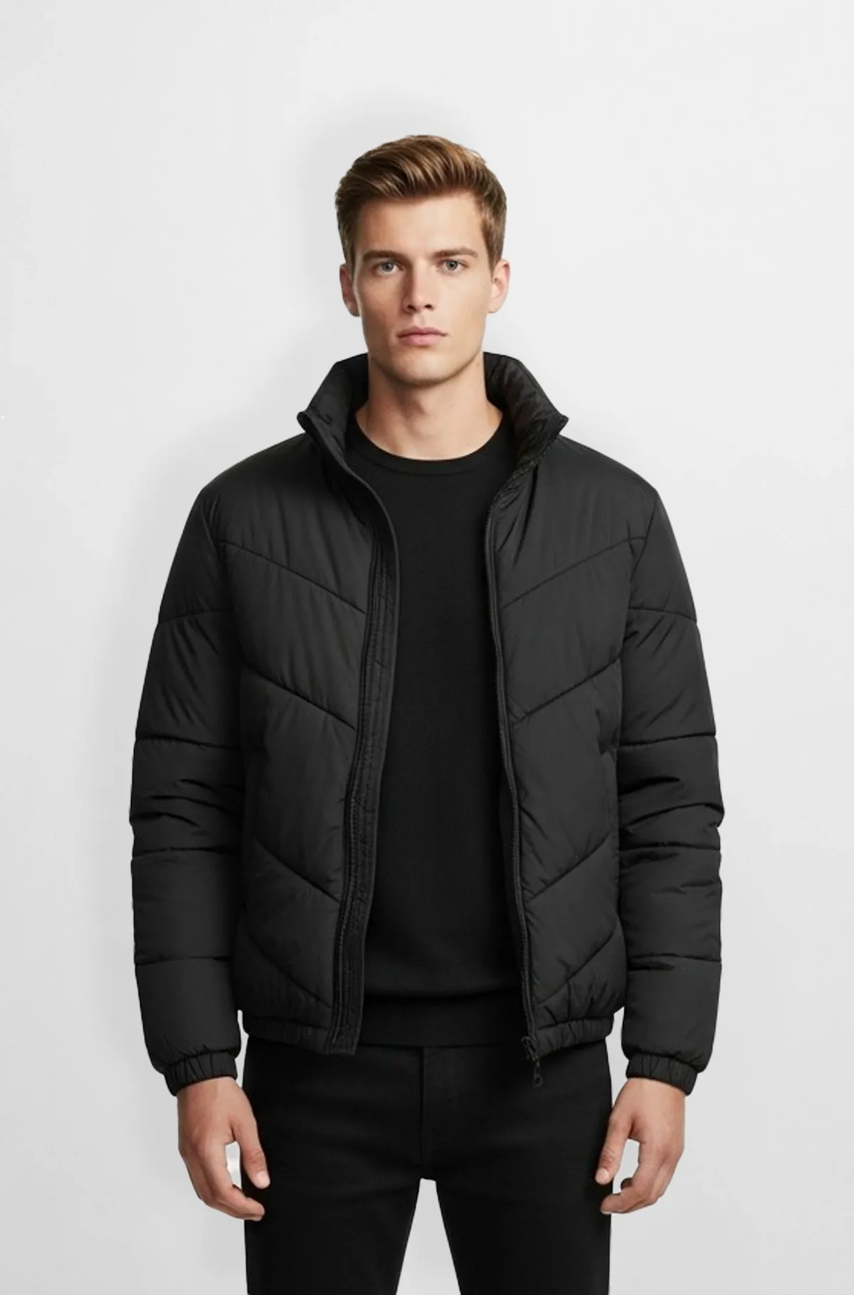 Chevron Stitch Black Leather Puffer Jacket