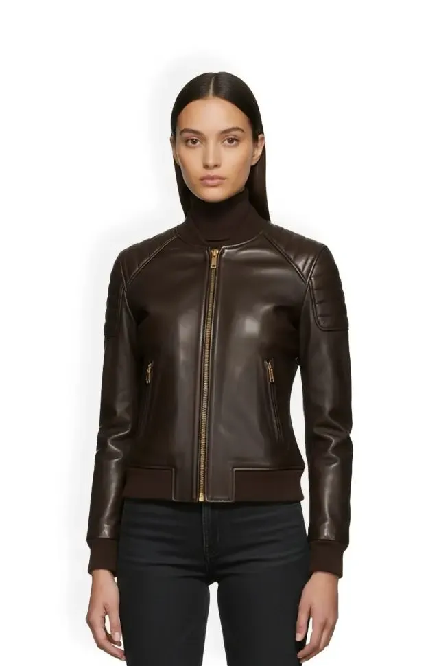 Chocolate Brown Leather Bomber Jacket
