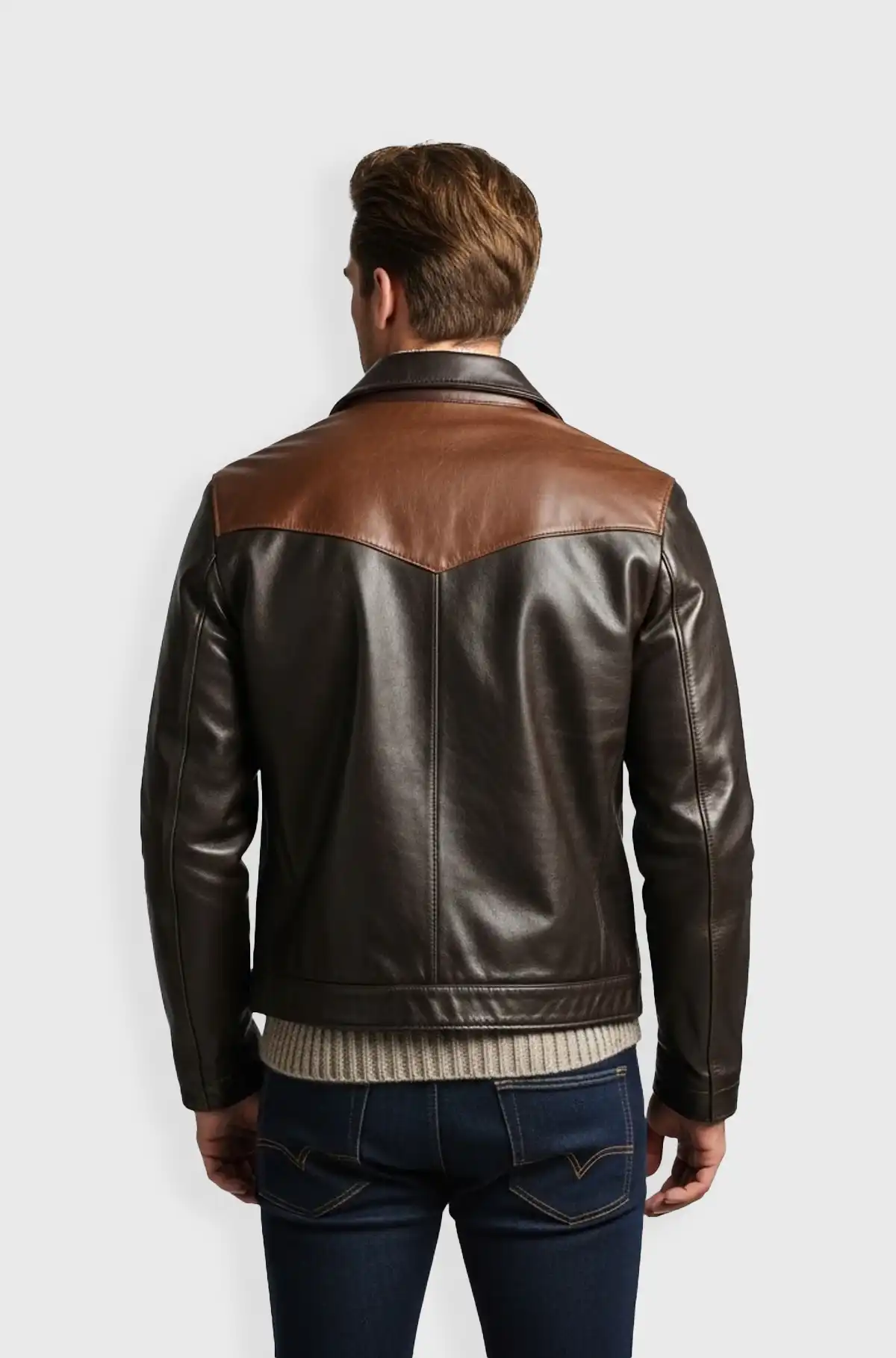 Chocolate Brown Leather Jacket with Contrast Panels