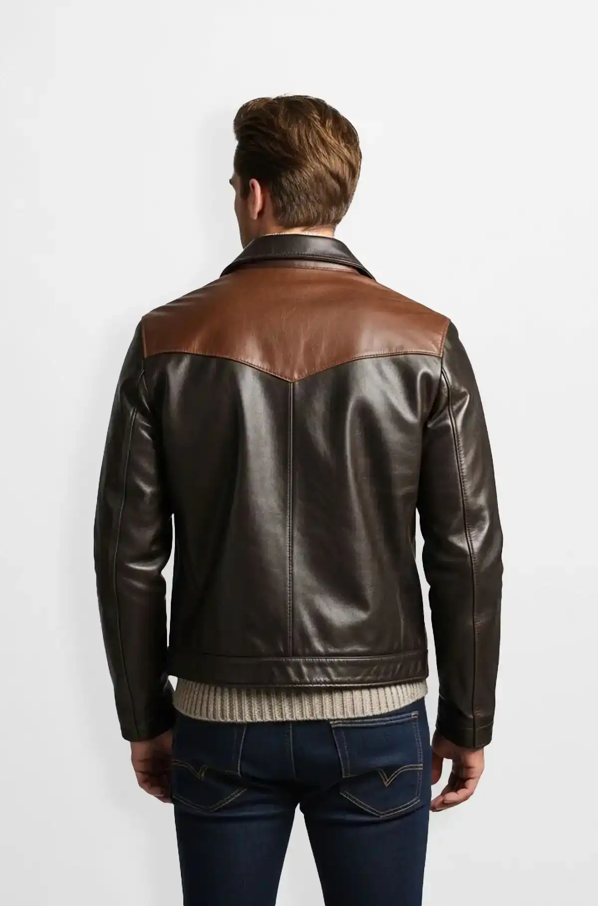 Chocolate Brown Leather Jacket with Contrast Panels