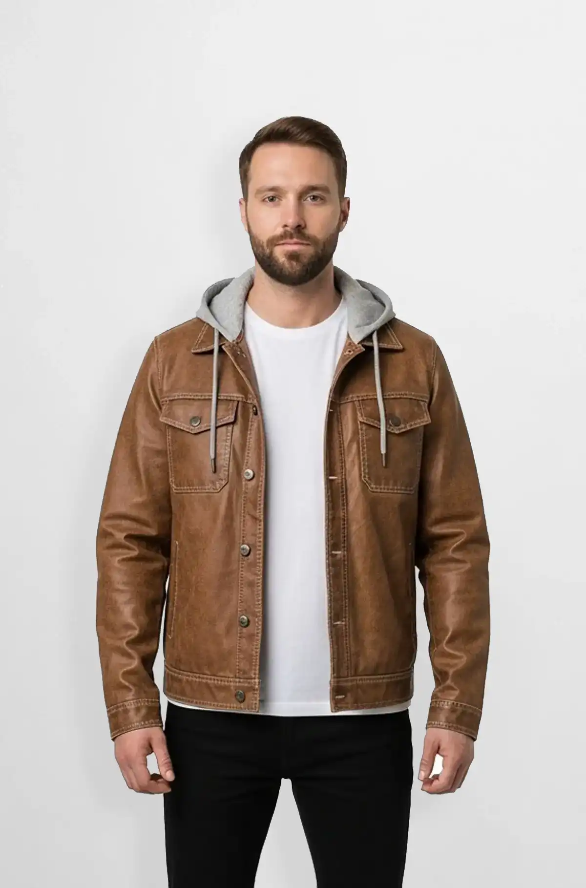 Cider Brown Leather Jacket with Hoodie