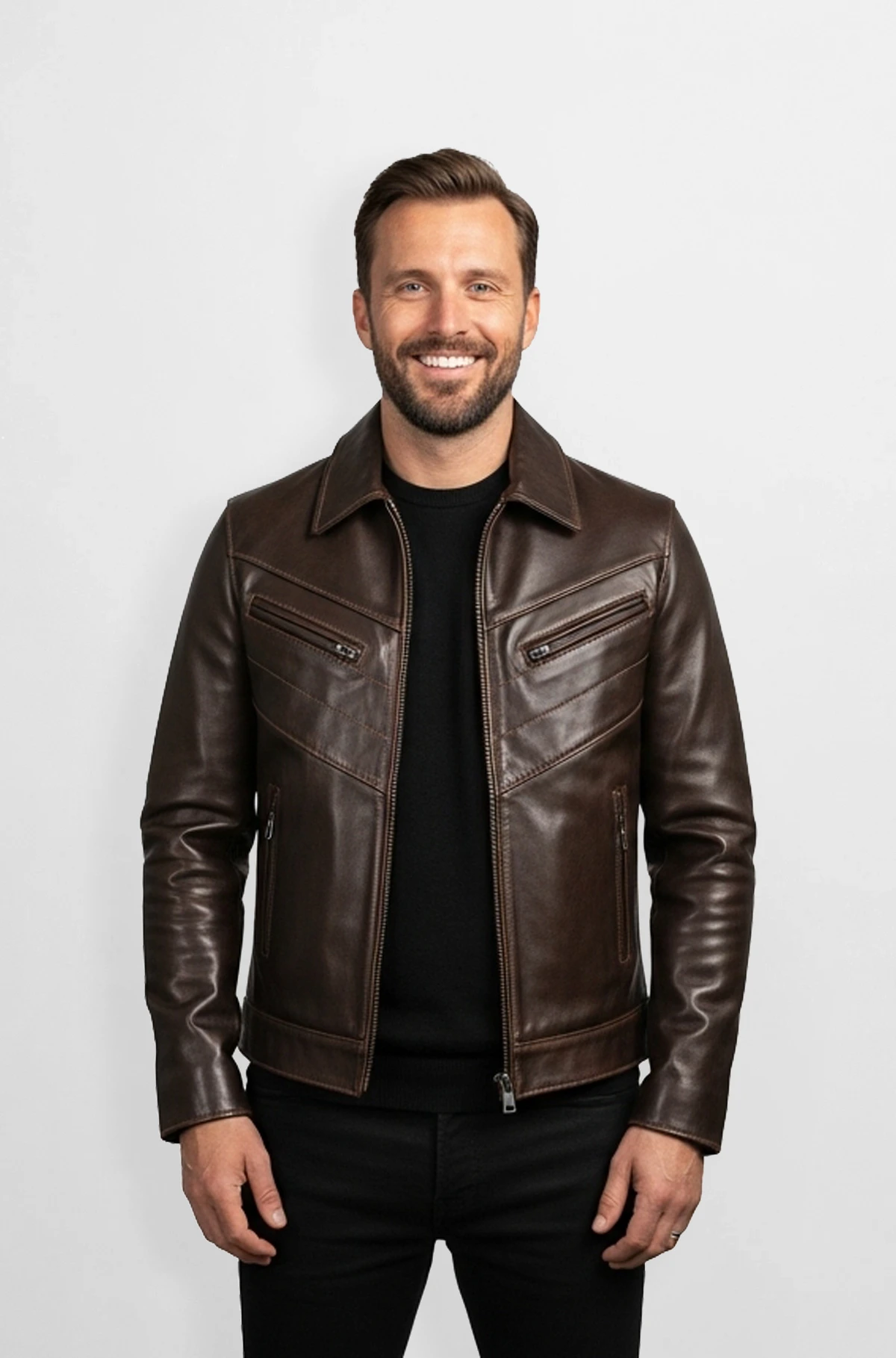 Cinnaom Brown Leather Racer Jacket for Men Cinnaom Brown Leather Racer Jacket for Men