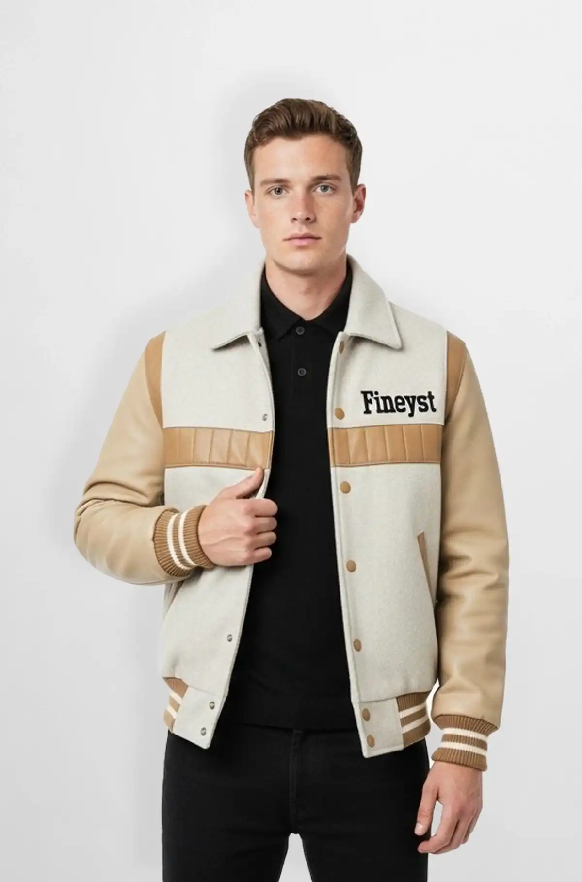 Classic Beige Wool Leather Varsity Jacket