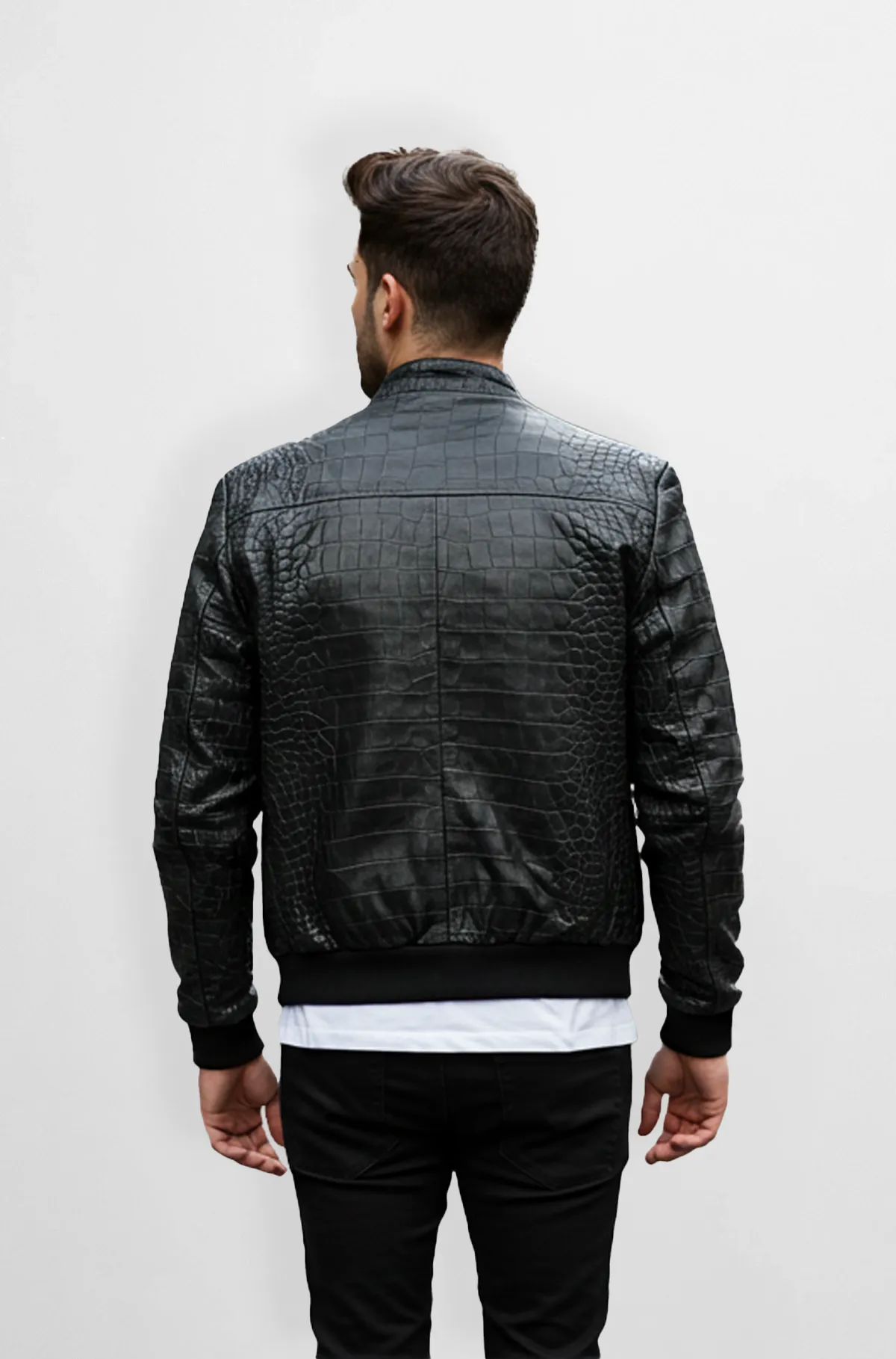 Classic Black Crocodile Leather Bomber Jacket