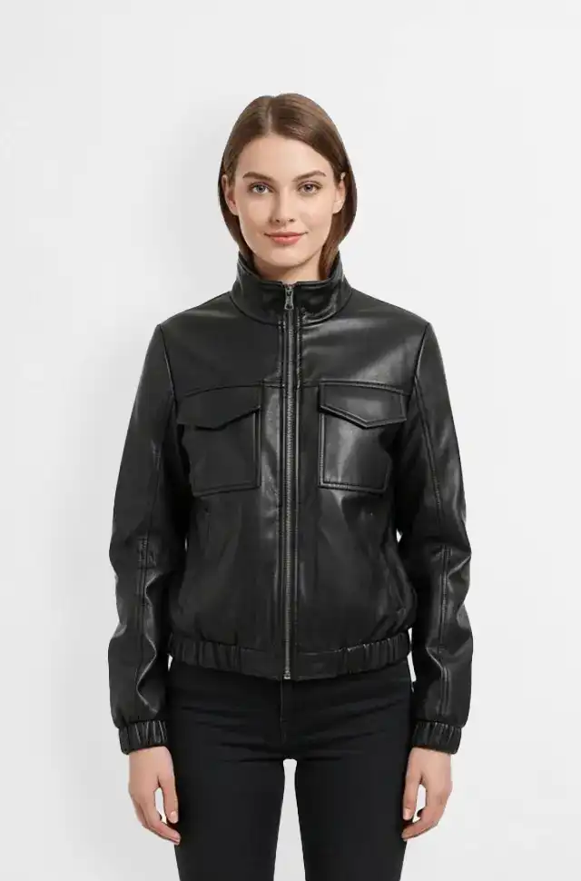 Classic Black Leather Bomber Jacket for women