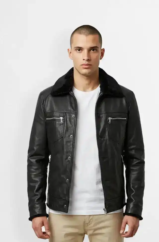 Classic Black Shearling Leather Biker Jacket