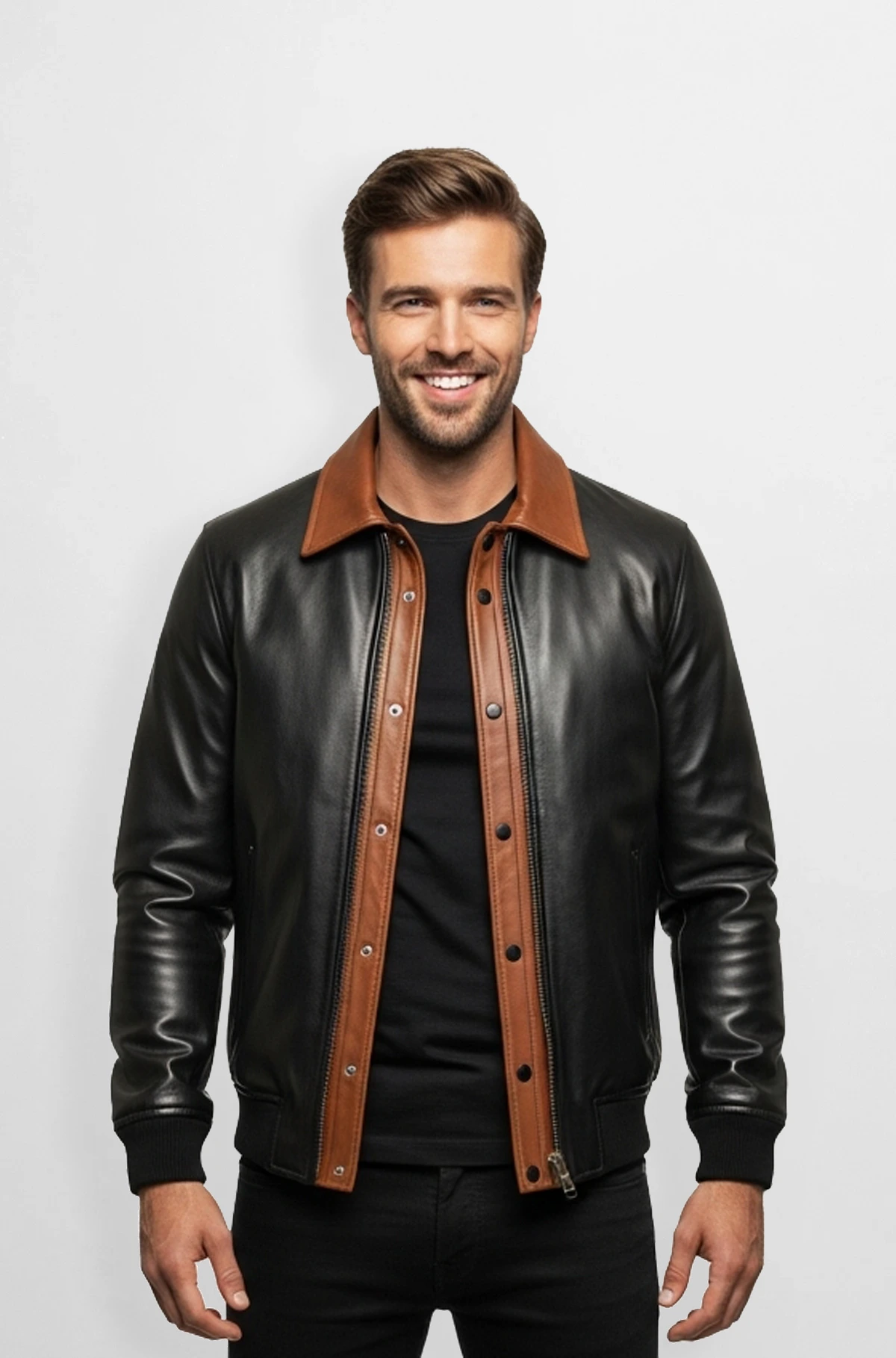 Classic Black and Brown Leather Bomber Jacket Classic Black and Brown Leather Bomber Jacket