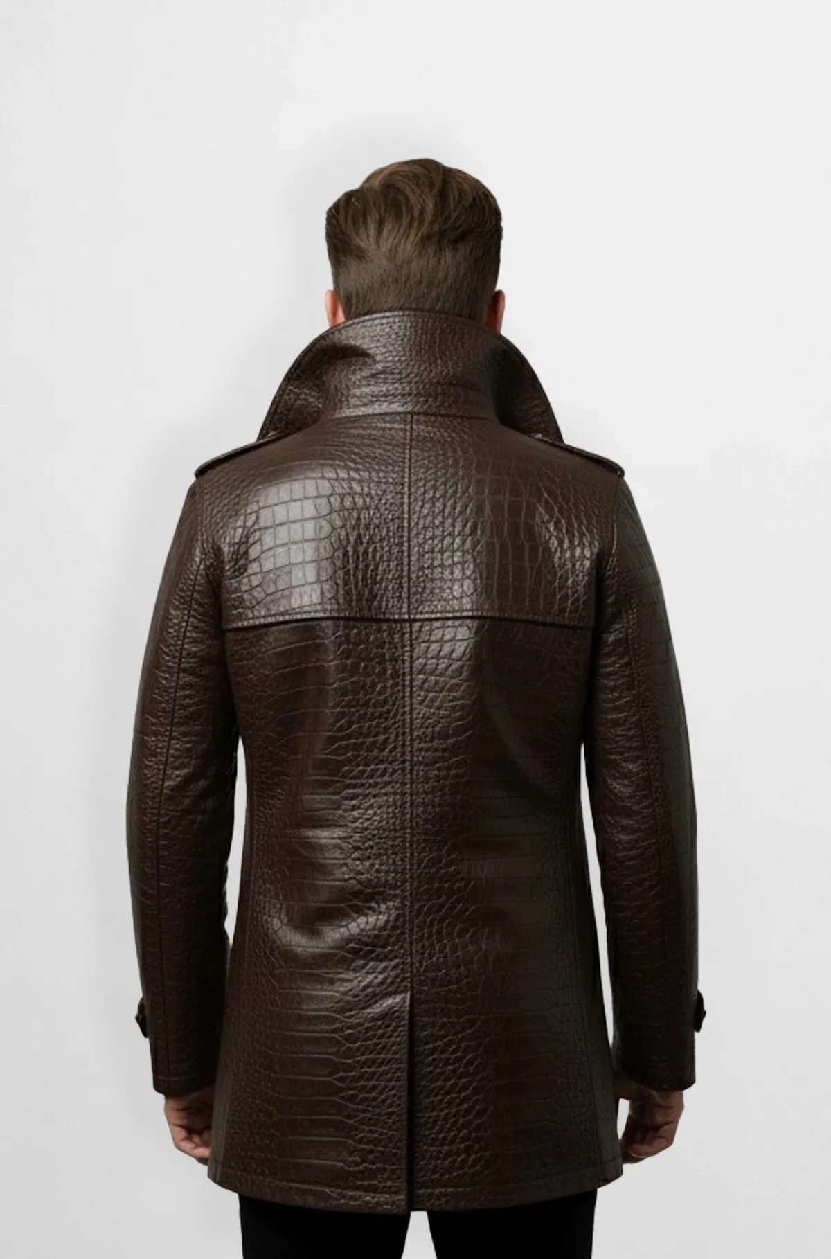 Classic Brown Crocodile Pattern Leather Trench Coat