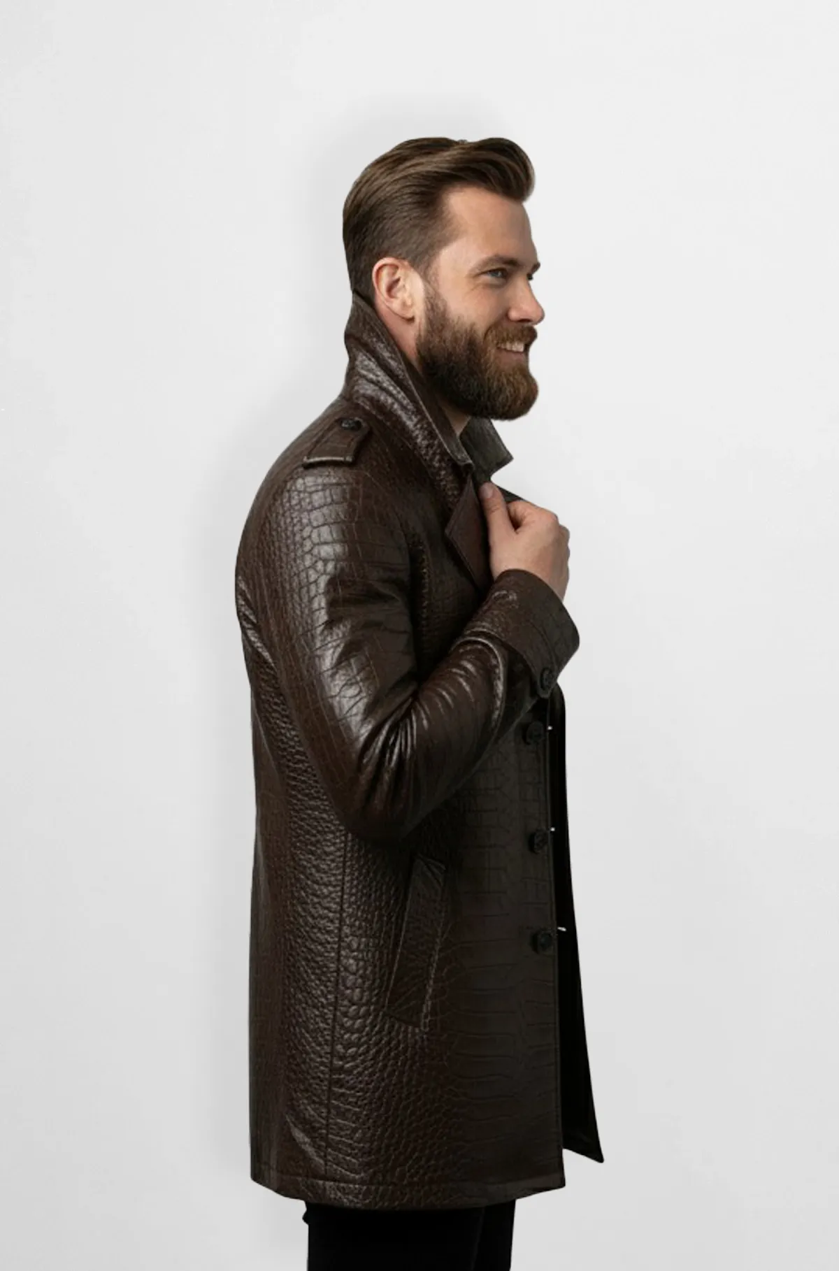 Classic Brown Crocodile Pattern Leather Trench Coat