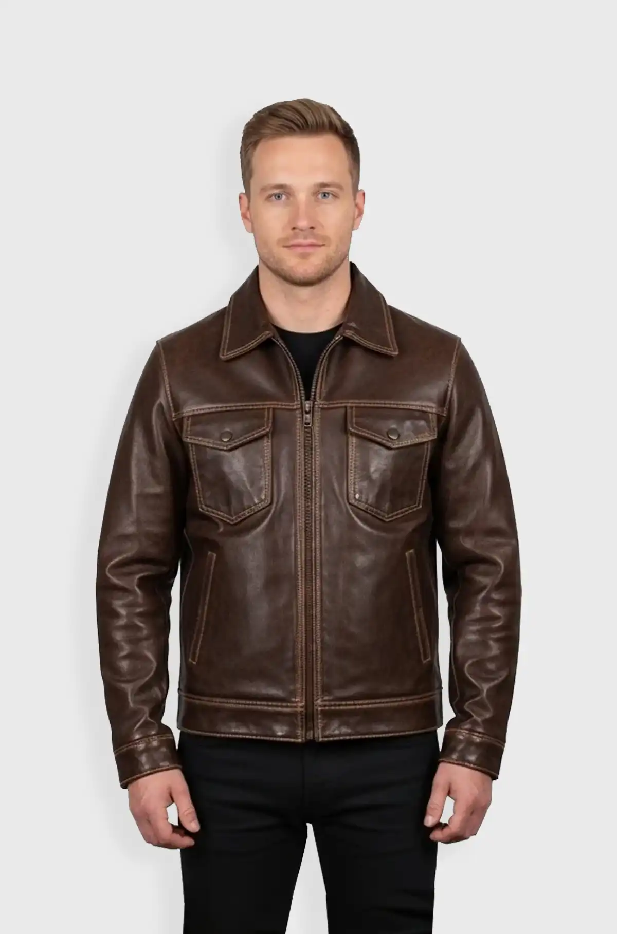 Classic Brown Leather Jacket with Shirt Collar