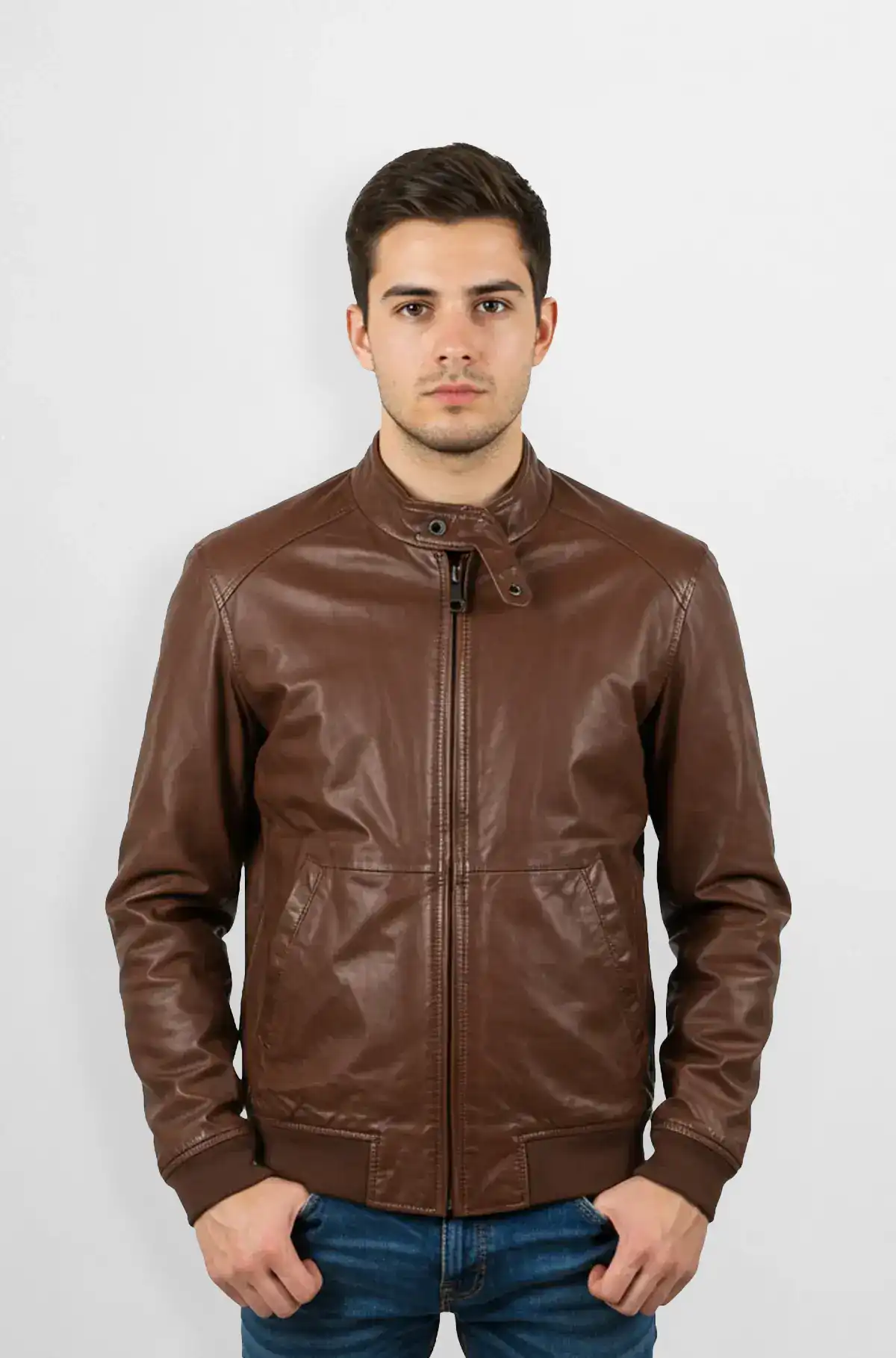 Classic Brown Premium Leather Bomber Jacket