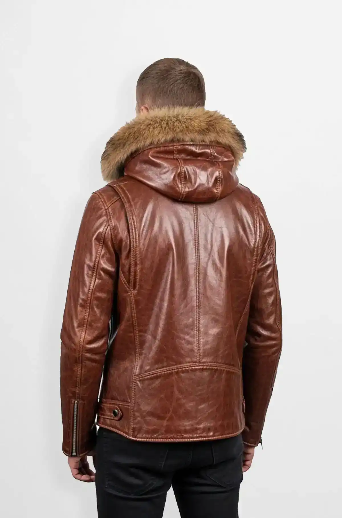 Classic Brown Shearling Fur Hooded Leather Jacket
