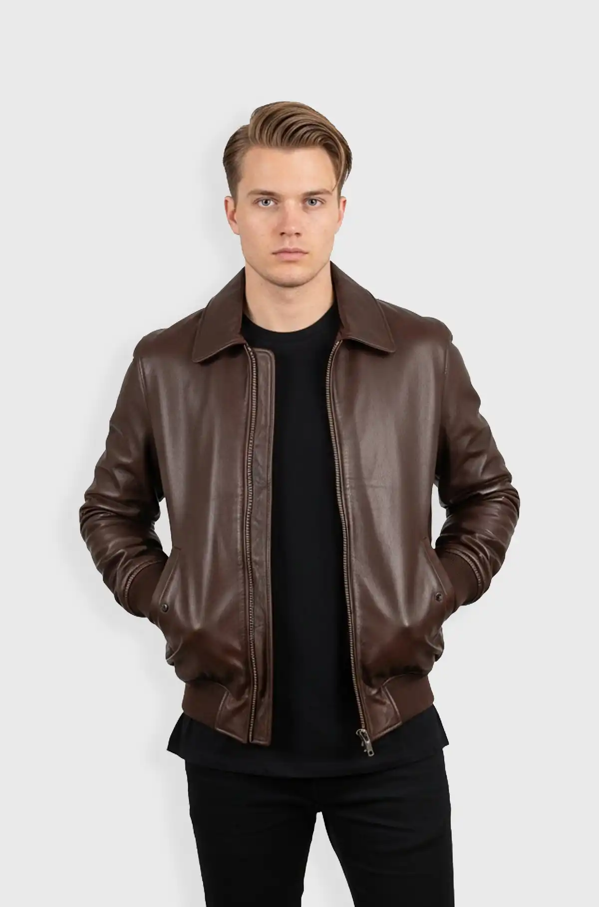 Classic Chocolate Brown Leather Bomber Jacket