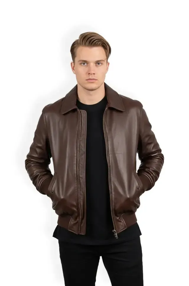 Classic Chocolate Brown Leather Bomber Jacket