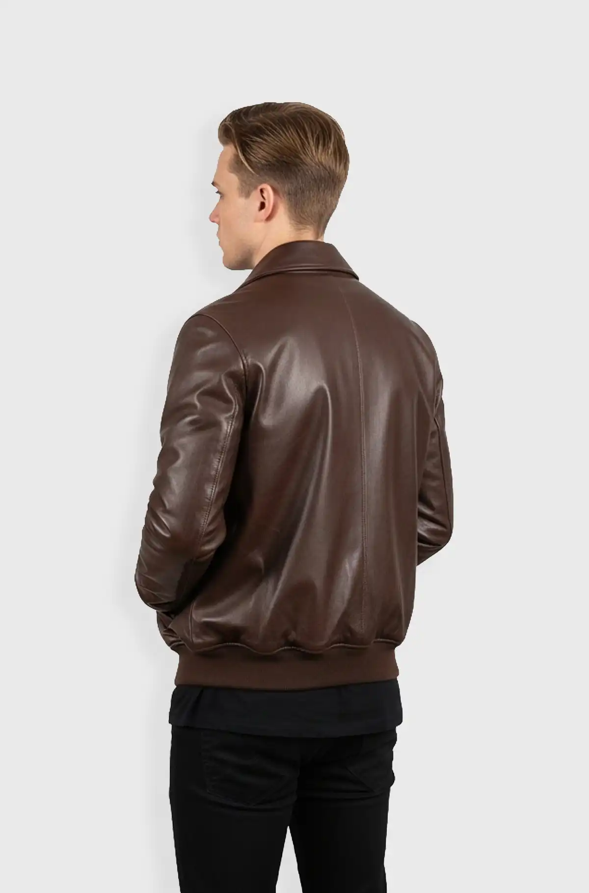Classic Chocolate Brown Leather Bomber Jacket