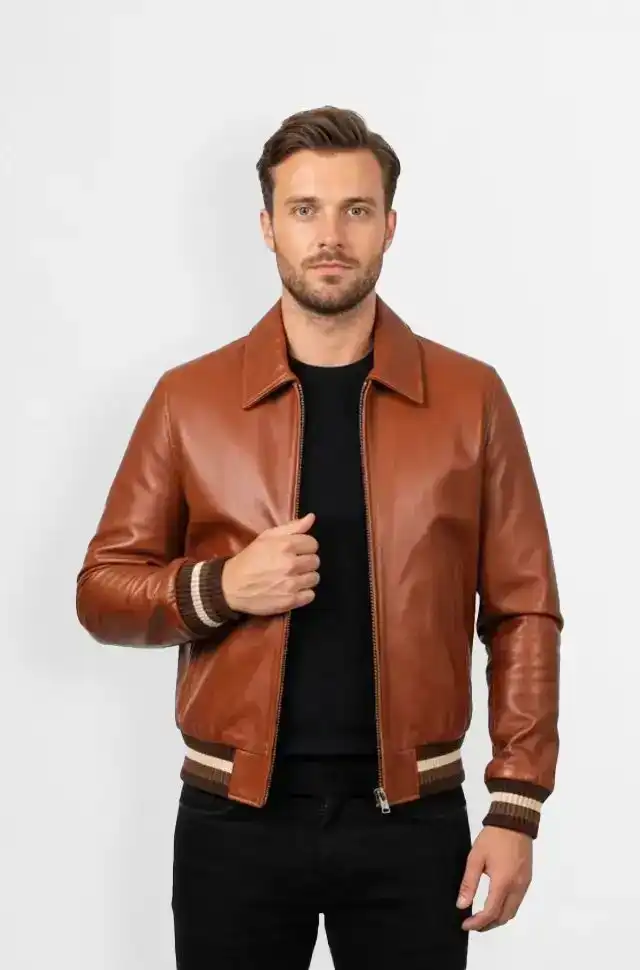 Classic Cognac Brown Bomber Leather Jacket